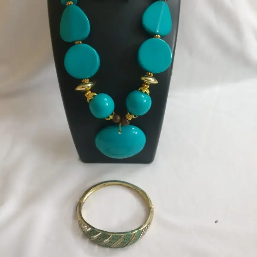 Sea Green Beads Necklace Set With Matching Bangle