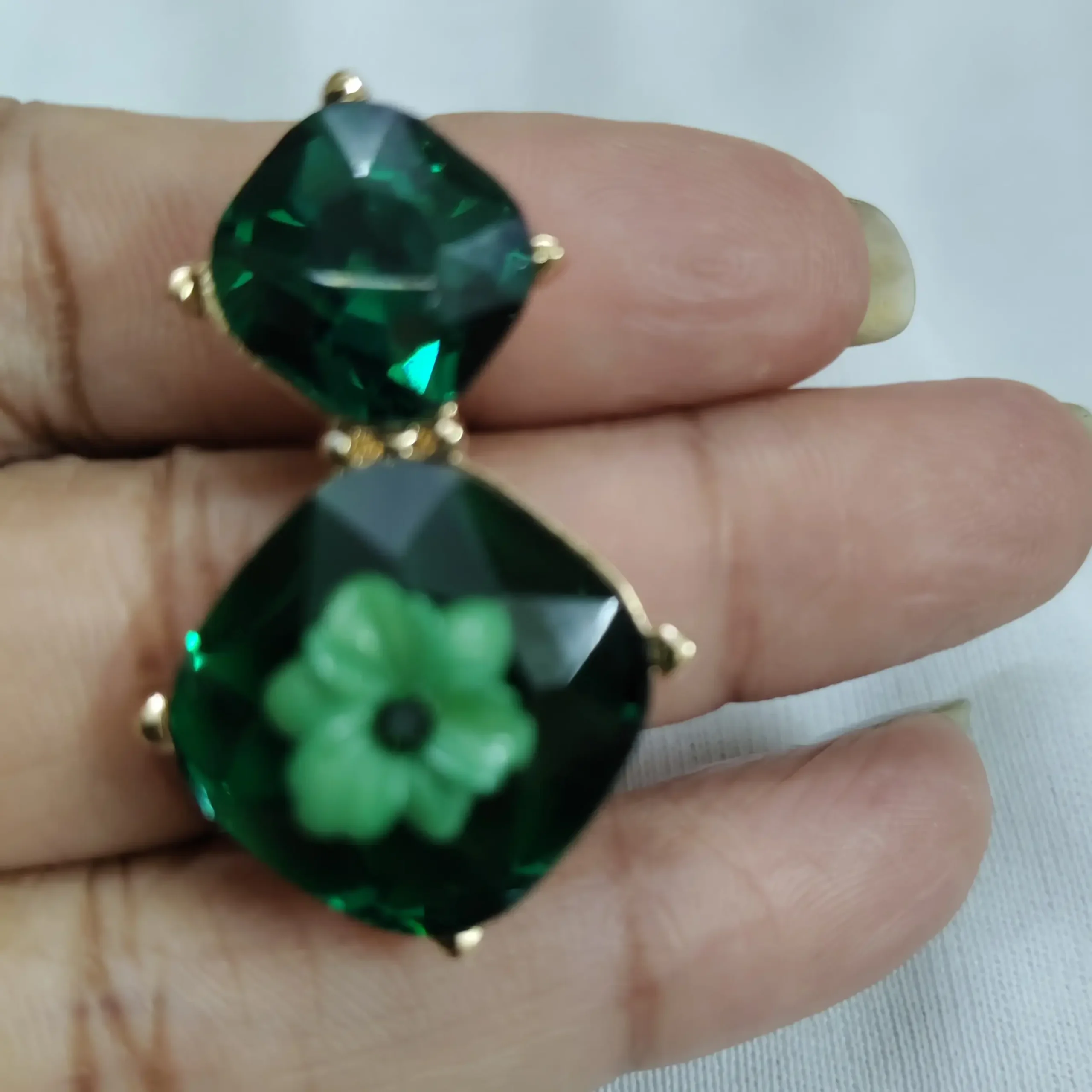 Green Stonned double Square earrings