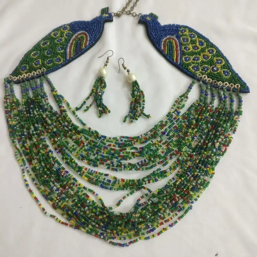 Multicolored Peacock Designed Small Beads Necklace With Earrings