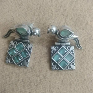 Silver Oxidised Green Stoned Square Earrings