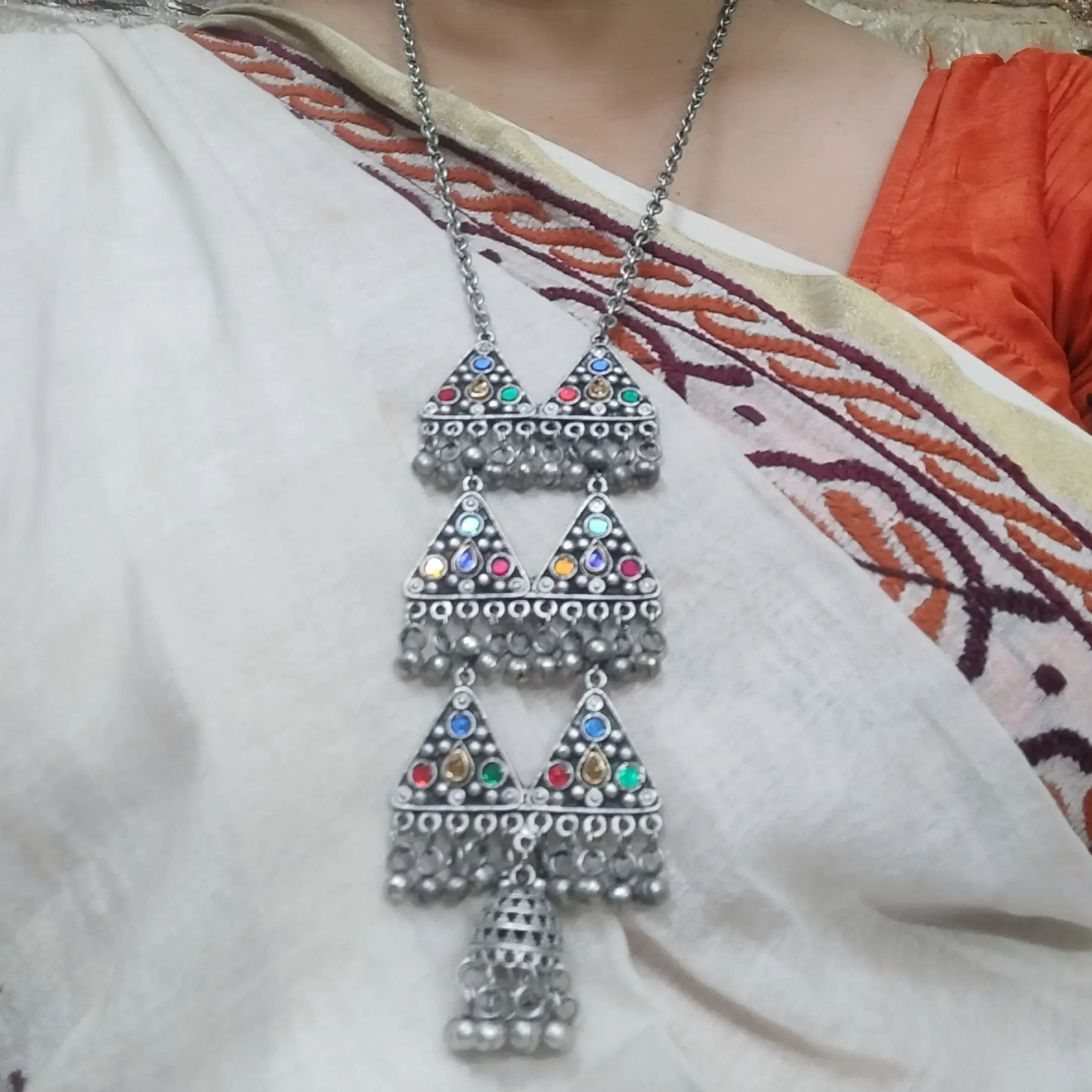 Silver Oxidised Multicolored Stoned Long Necklace With Earrings