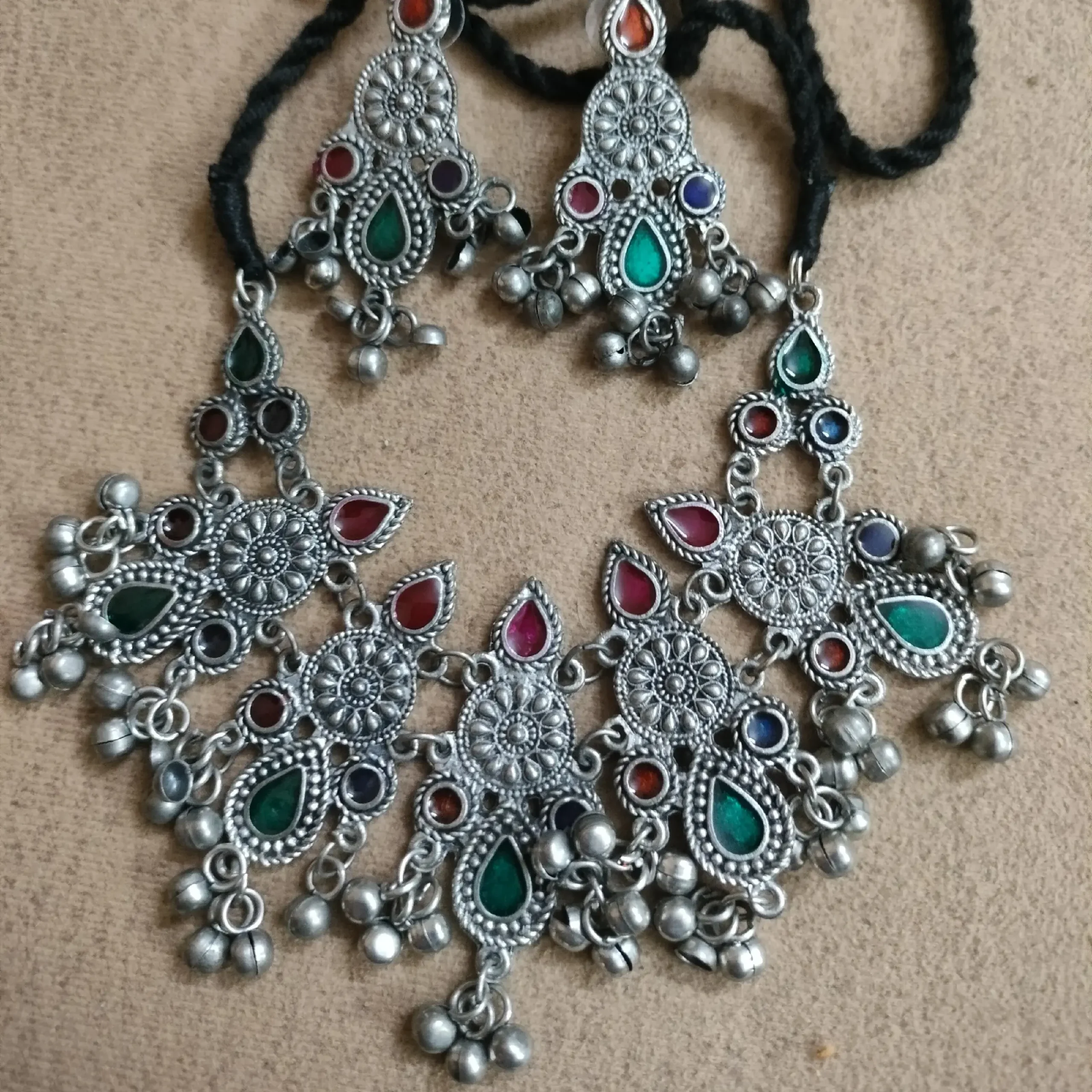 Silver Oxidised Multi Stoned Choker Set