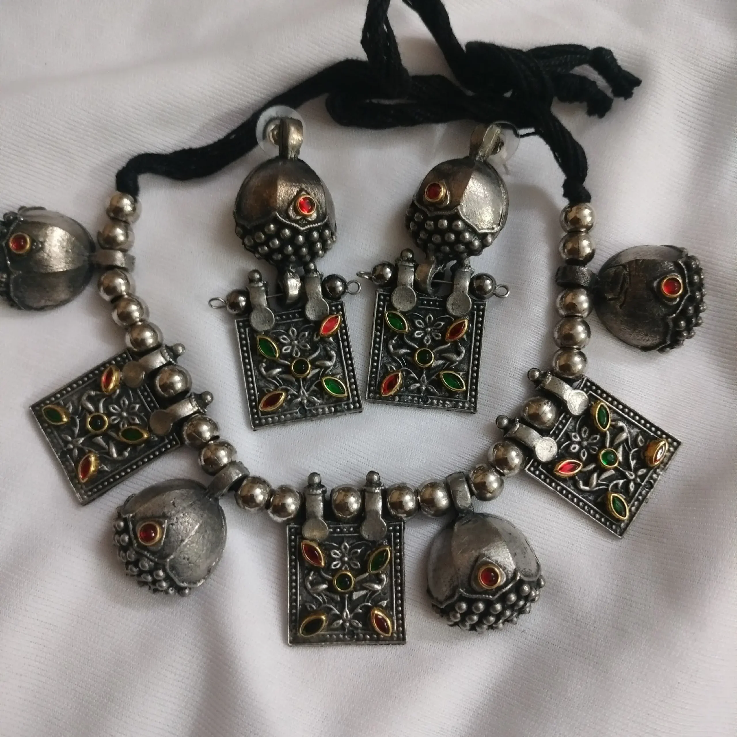 Black Oxidised Tribal Style Stoned Necklace With Earrings