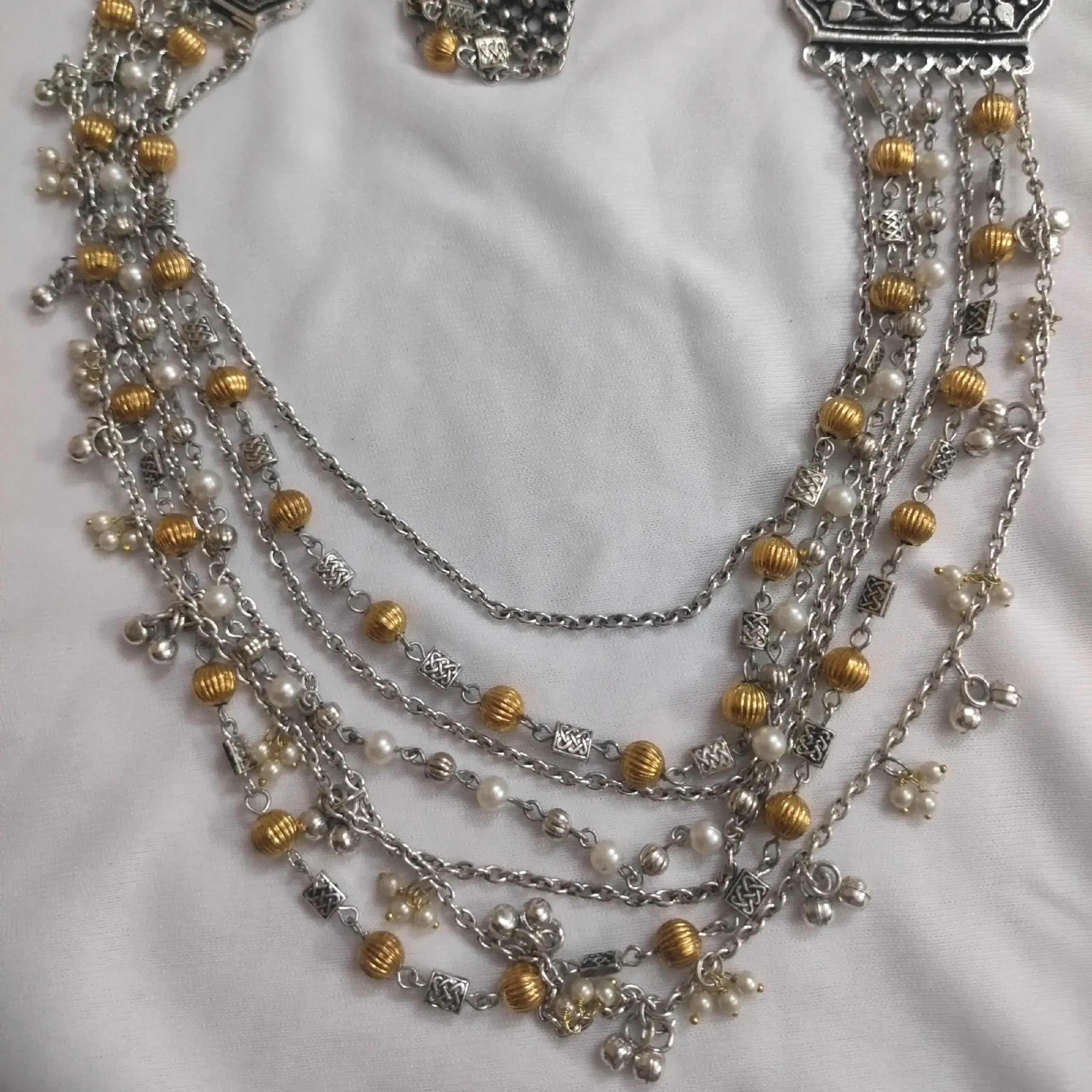 Golden Touched Silver Traditional Necklace With Earrings