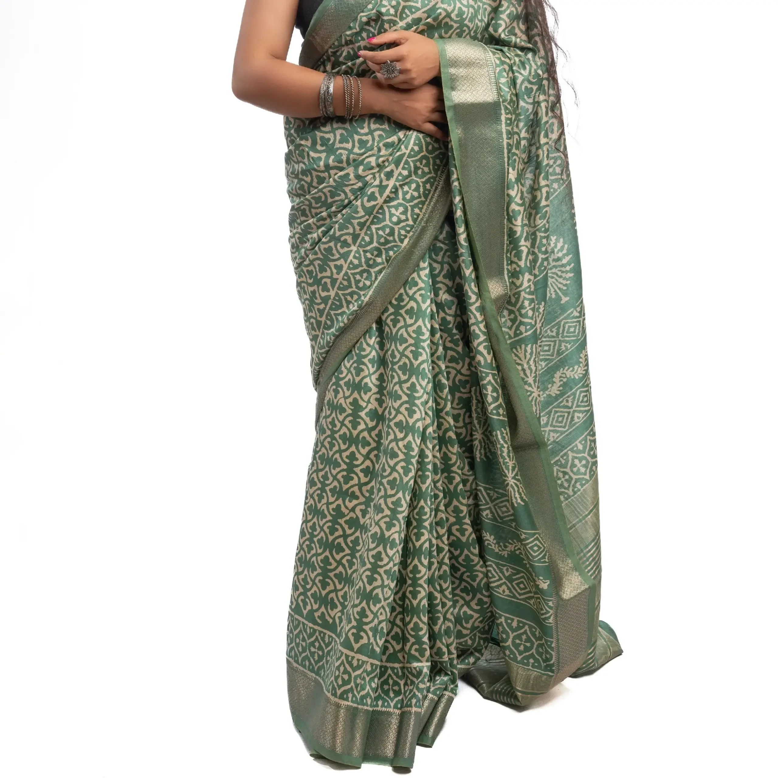 Hand Printed Desiner Katan Silk Saree With BP