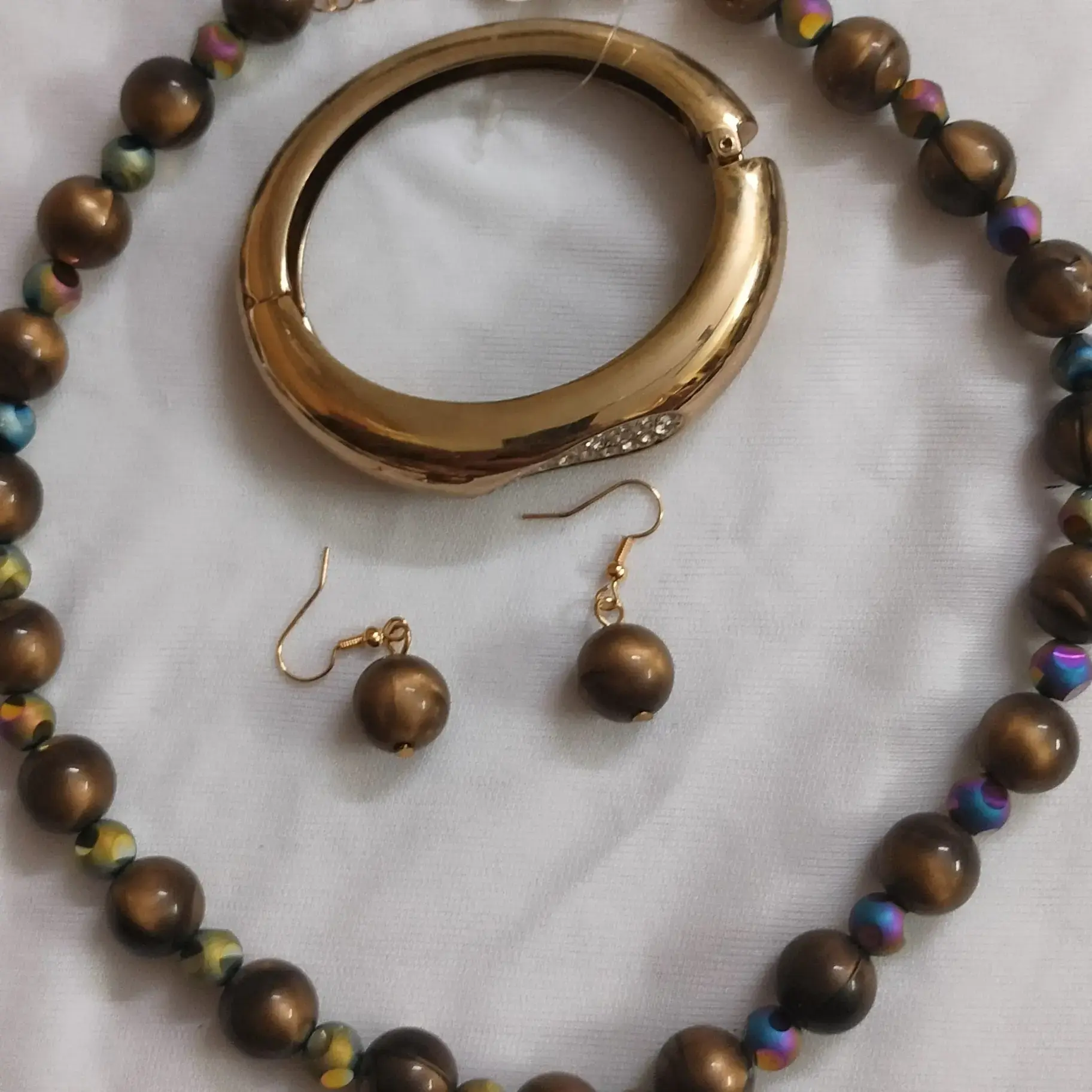 Multi Colored Beads Necklace With Golden Stone Setting Bangle
