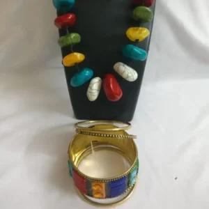 Multicolored Tribal Beads Necklace Set With Multicolored Bangle