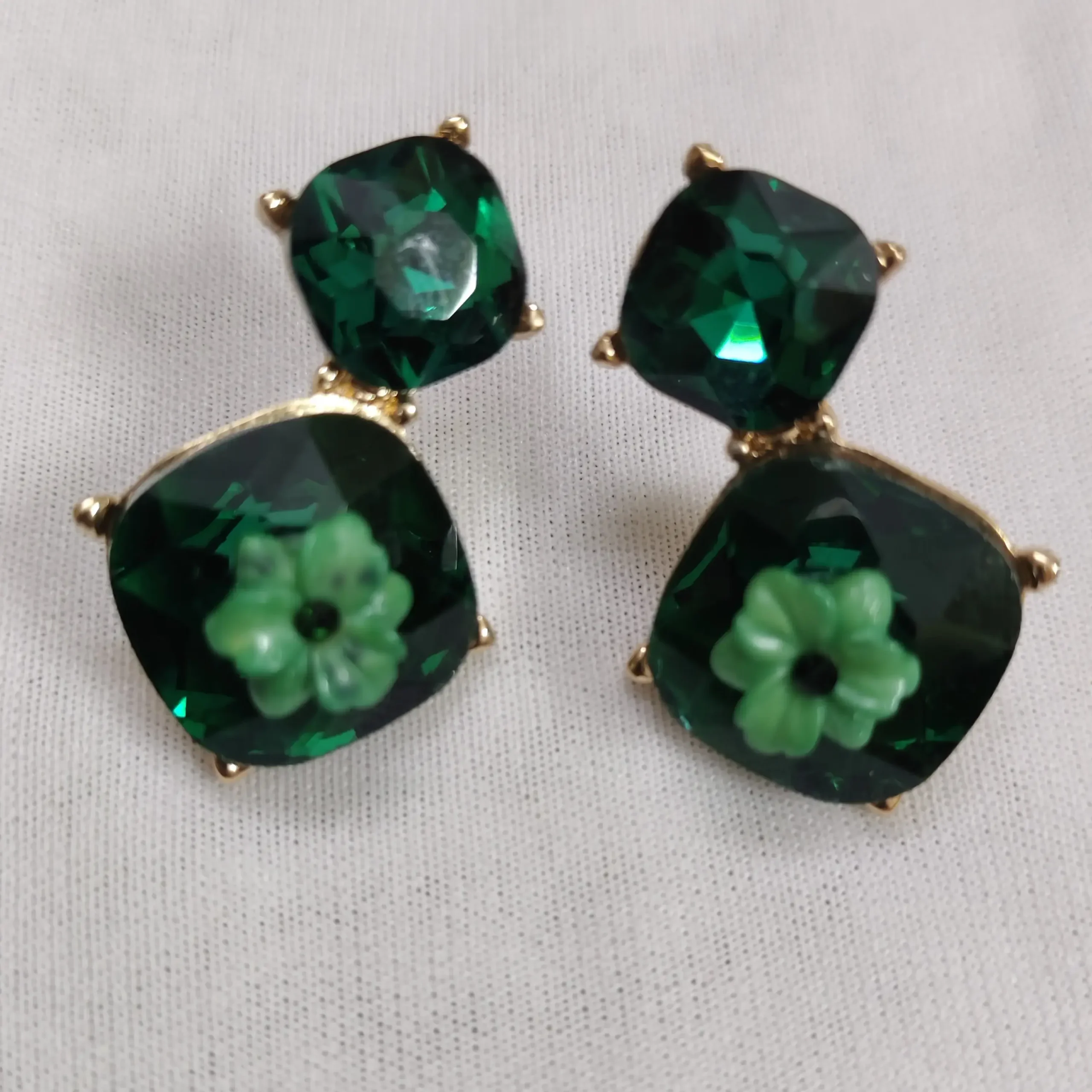 Green Stonned double Square earrings