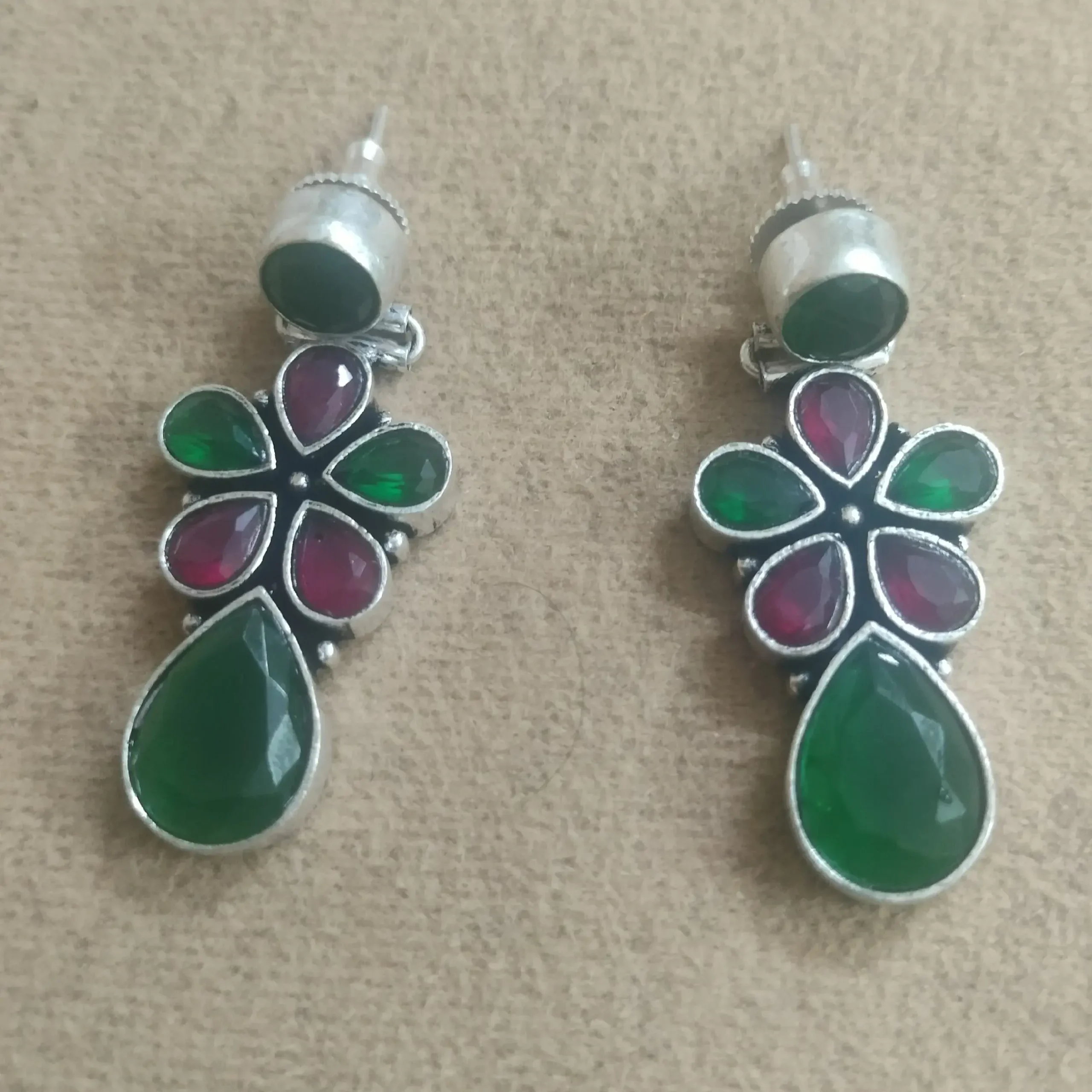 Silver Oxidised Multicolored Floral Earrings