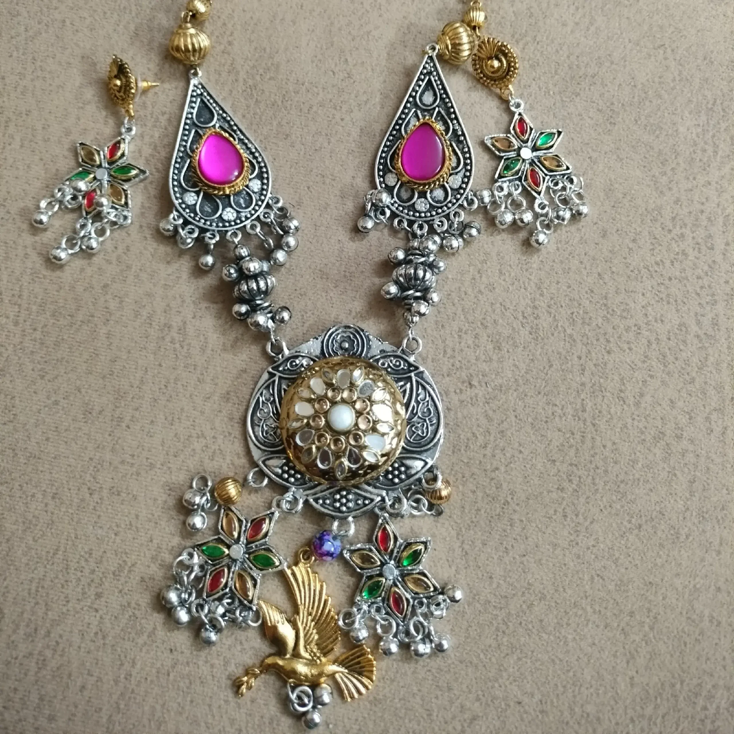 Silver Oxidised Golden Toned Necklace Set