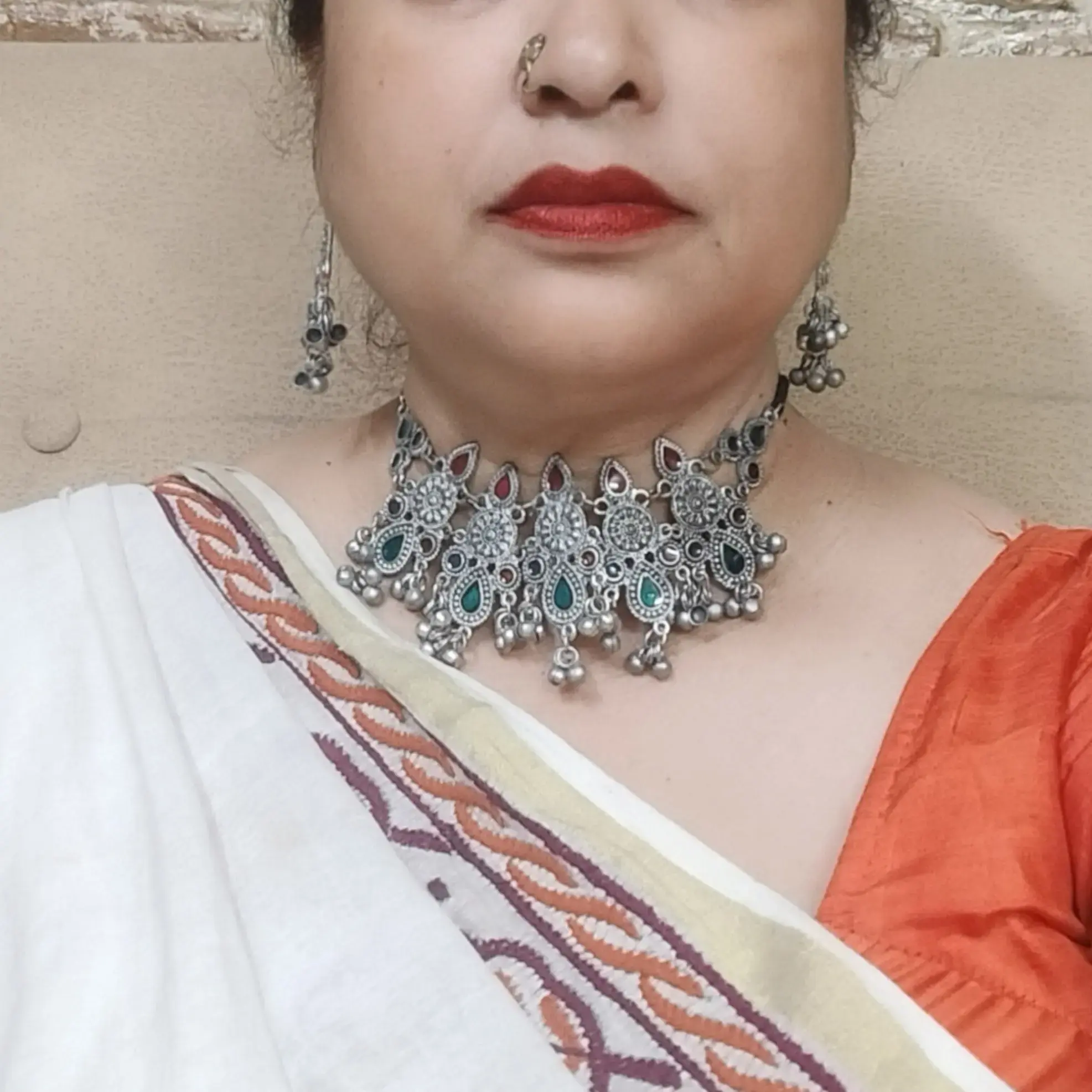 Silver Oxidised Multi Stoned Choker Set