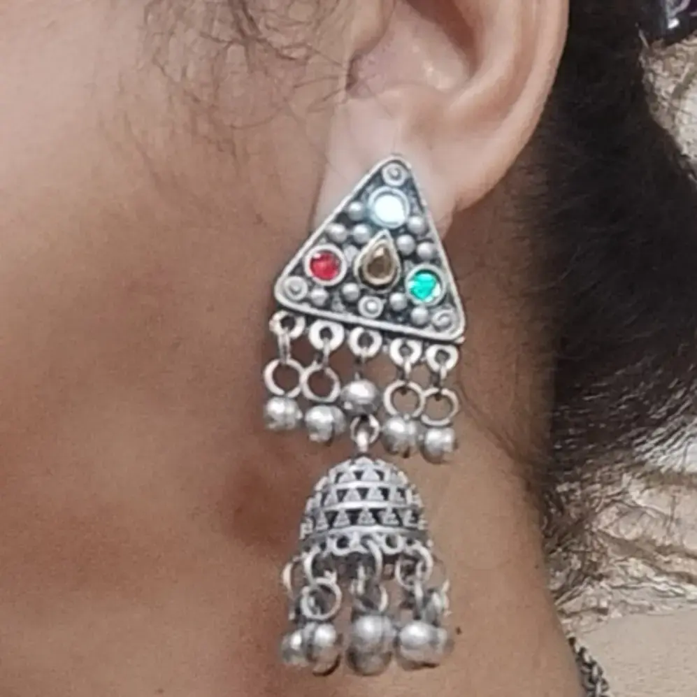 Silver Oxidised Multicolored Stoned Long Necklace With Earrings