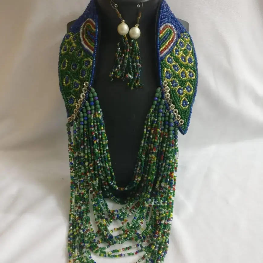 Multicolored Peacock Designed Small Beads Necklace With Earrings