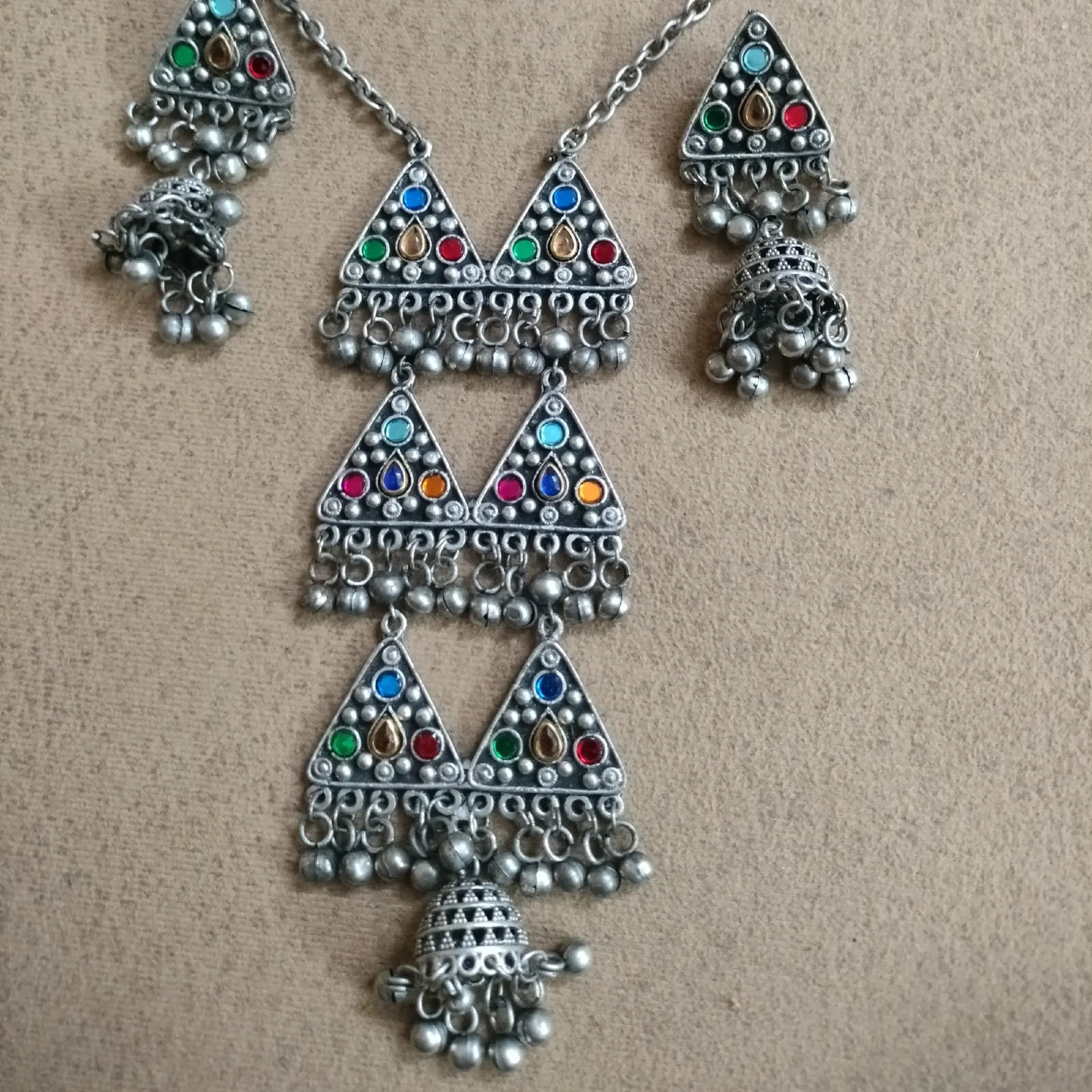Silver Oxidised Multicolored Stoned Long Necklace With Earrings