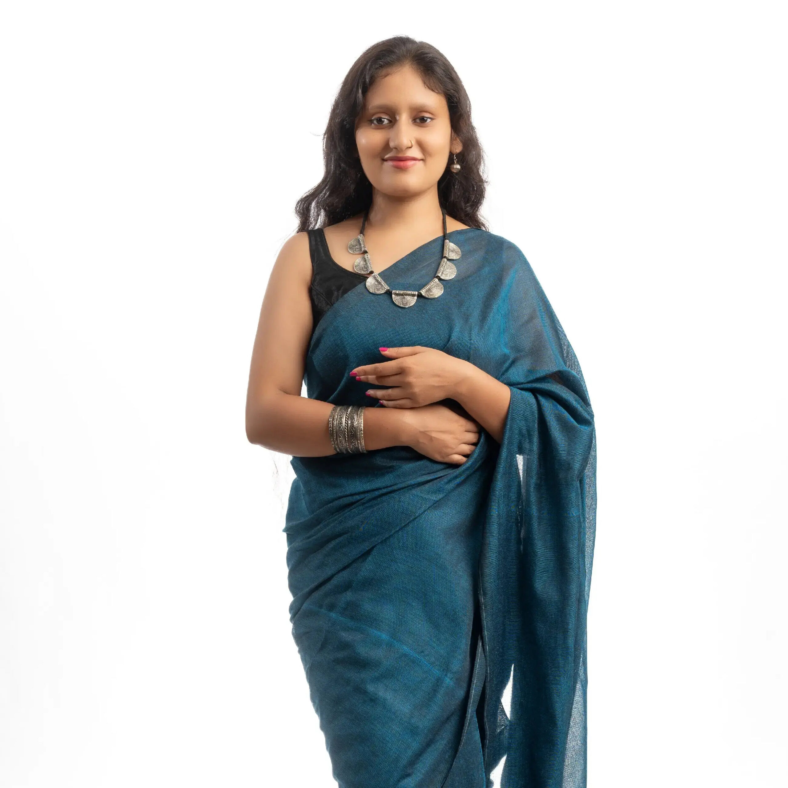 One Coloured Cotton Linen Saree With BP