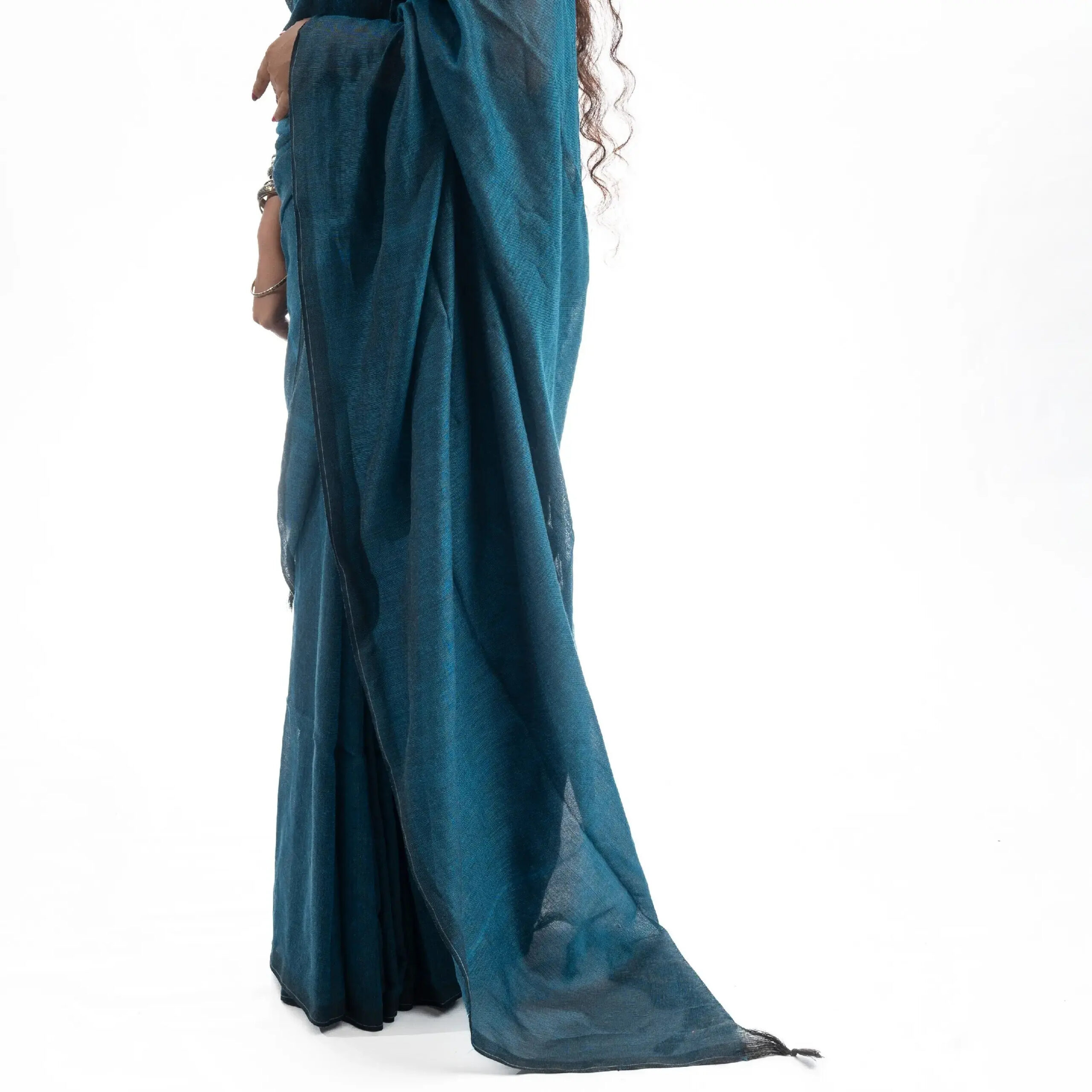 One Coloured Cotton Linen Saree With BP