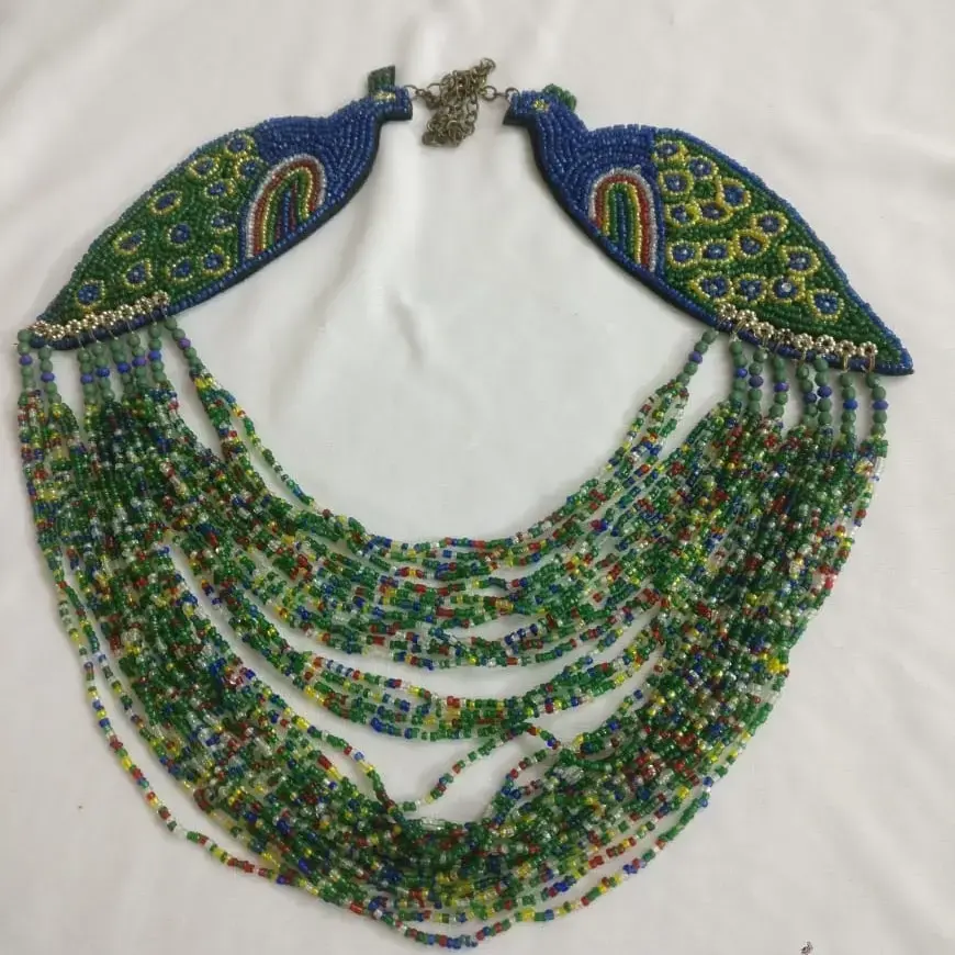 Multicolored Peacock Designed Small Beads Necklace With Earrings