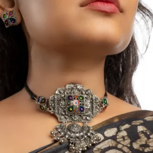 Silver Oxidised Minakari Choker With Earrings,Bangle & Ring Set