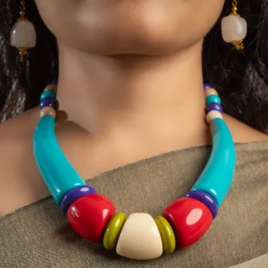 Multicolored Tribal Style Beads Choker With Earrings & Bangles Set