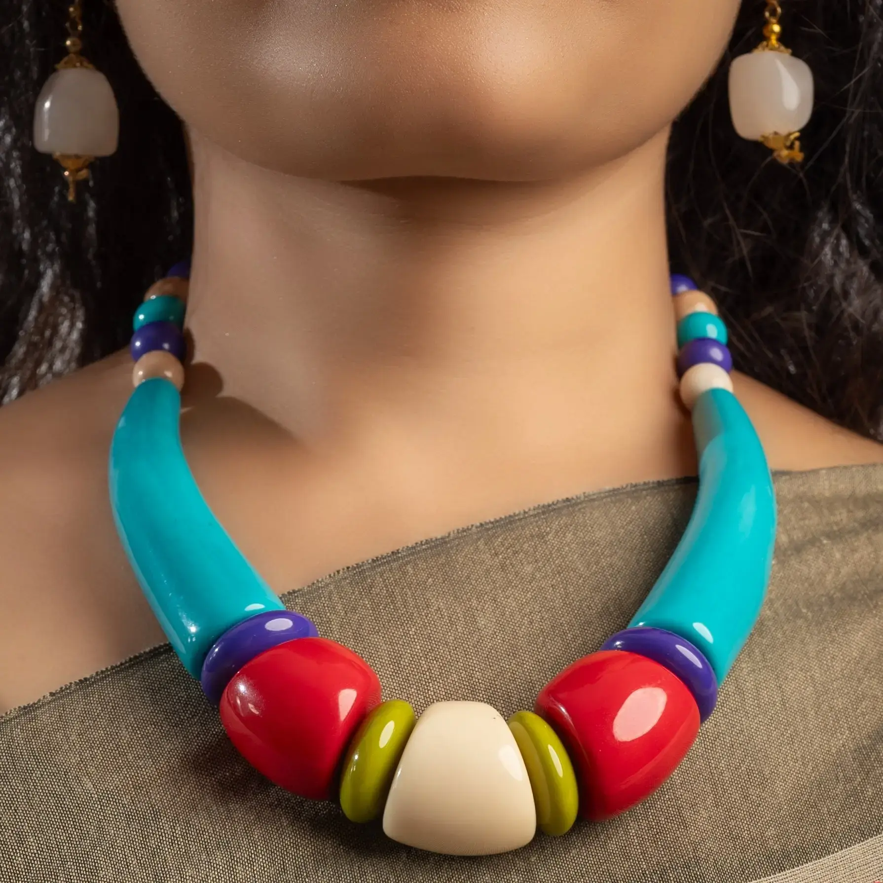 Multicolored Tribal Style Beads Choker With Earrings & Bangles Set