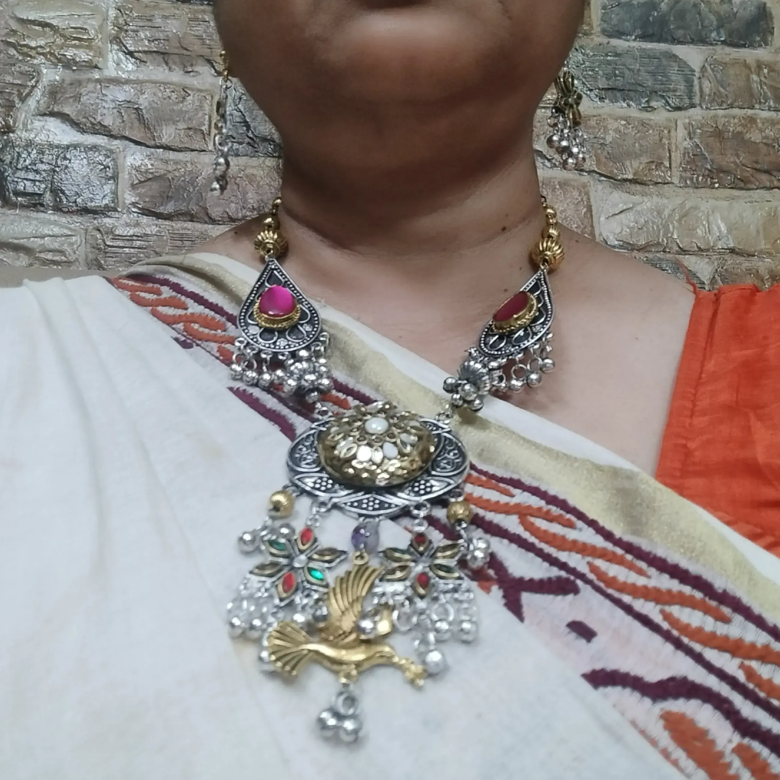 Silver Oxidised Golden Toned Necklace Set