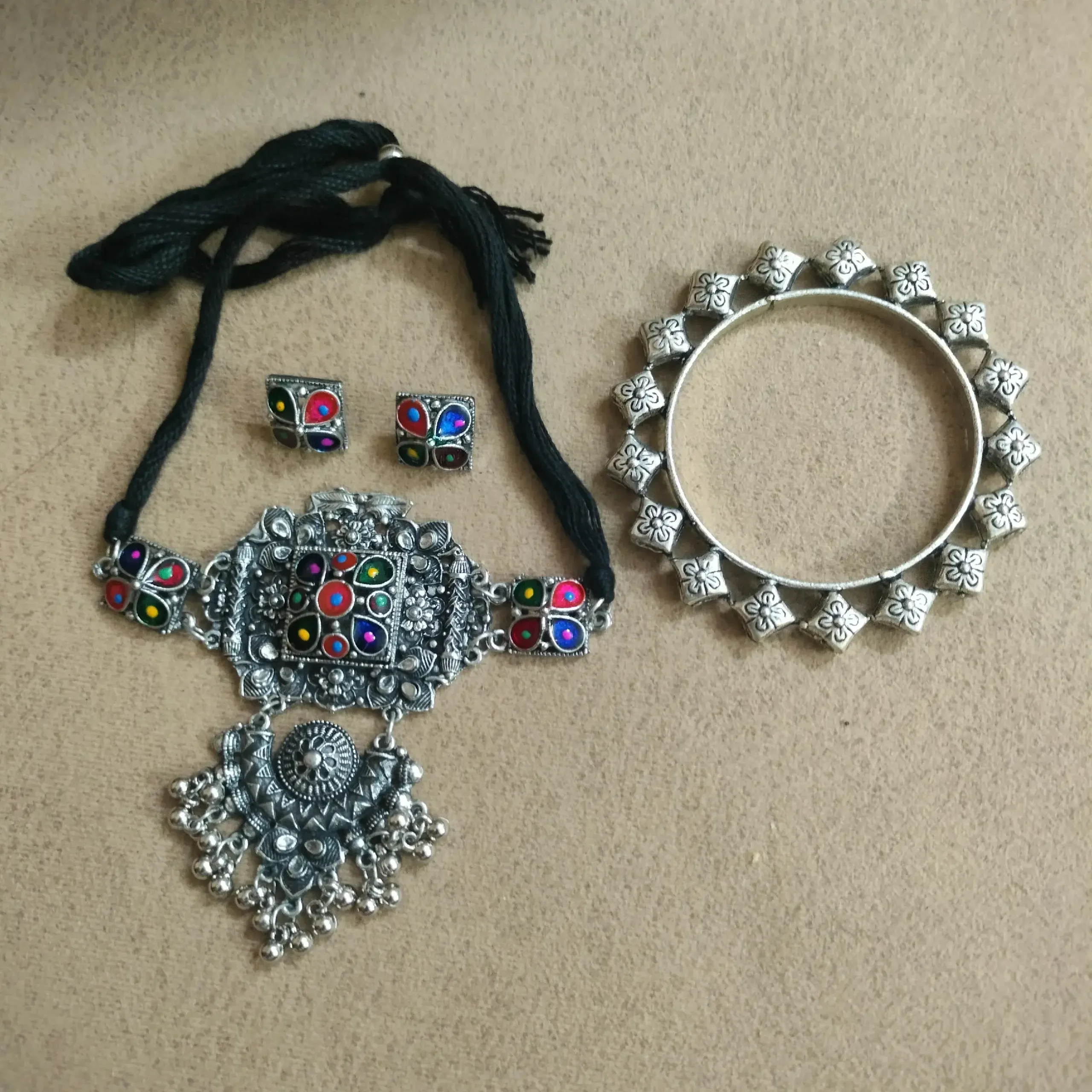 Silver Oxidised Minakari Choker With Earrings,Bangle & Ring Set