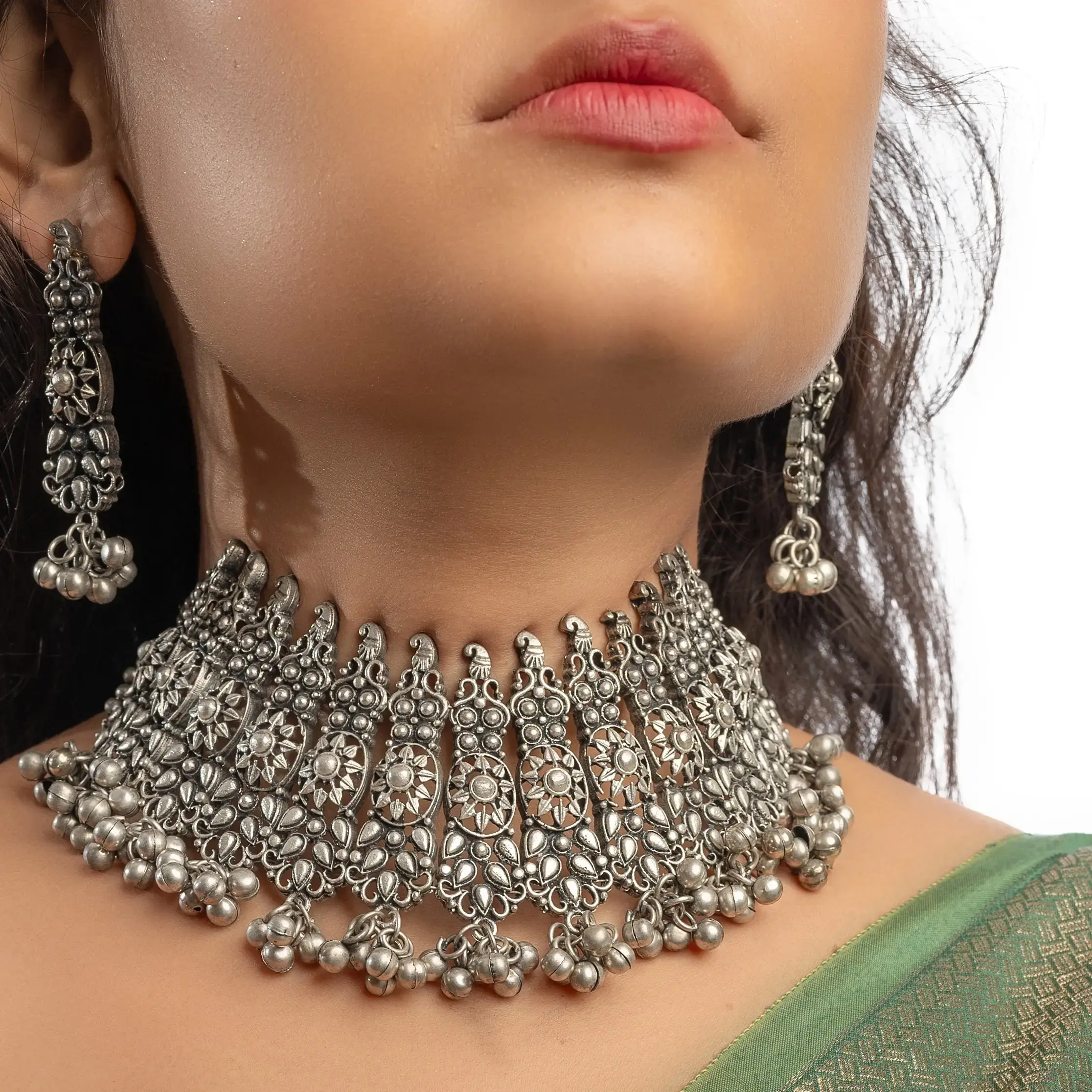 Silver Oxidised Tribal Style Chocker With Earrings, Ring & Bangles