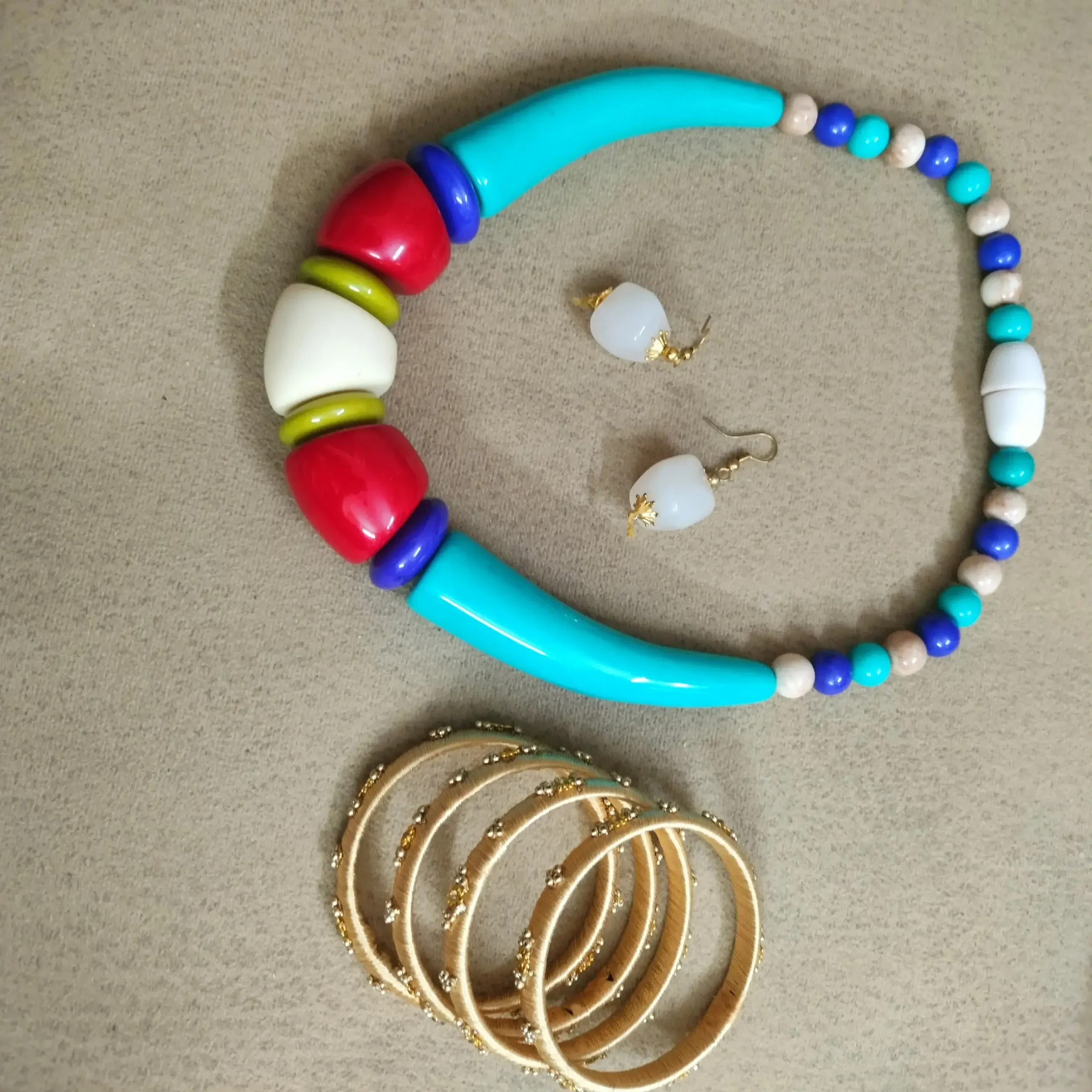 Multicolored Tribal Style Beads Choker With Earrings & Bangles Set