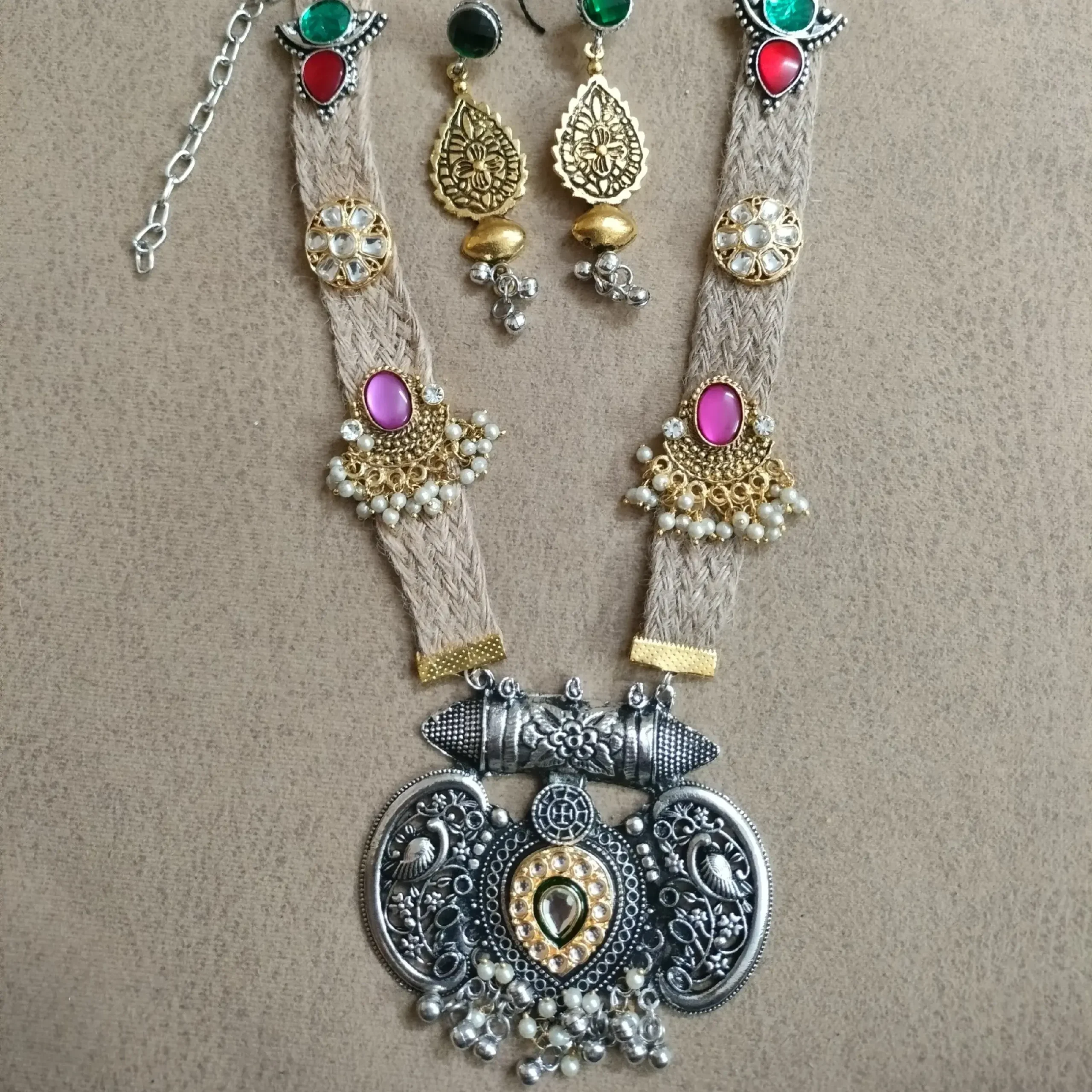 Silverstone Oxidised Jute Tussel Long Necklace Set