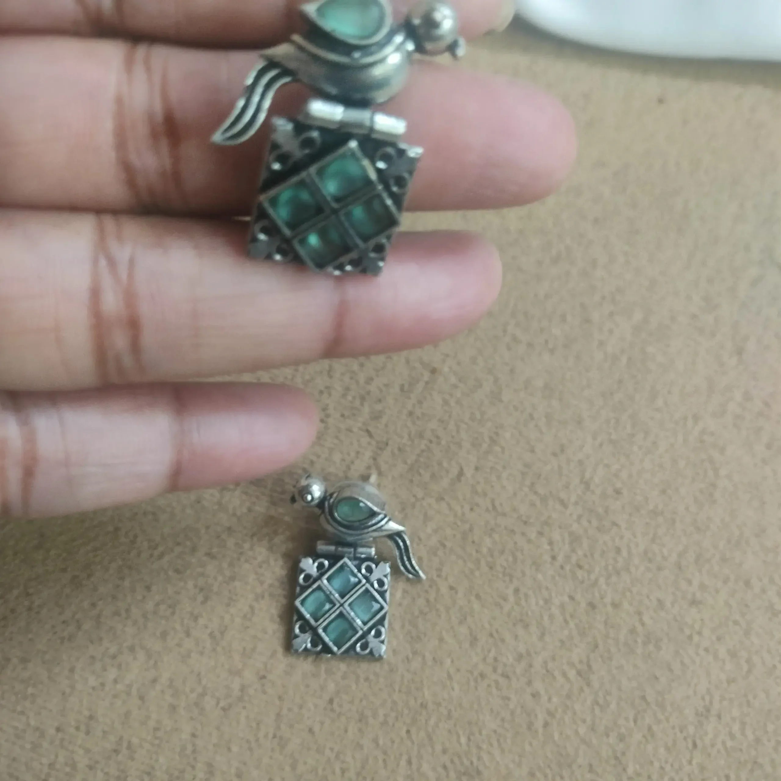 Silver Oxidised Green Stoned Square Earrings