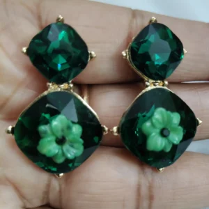 Green Stonned double Square earrings