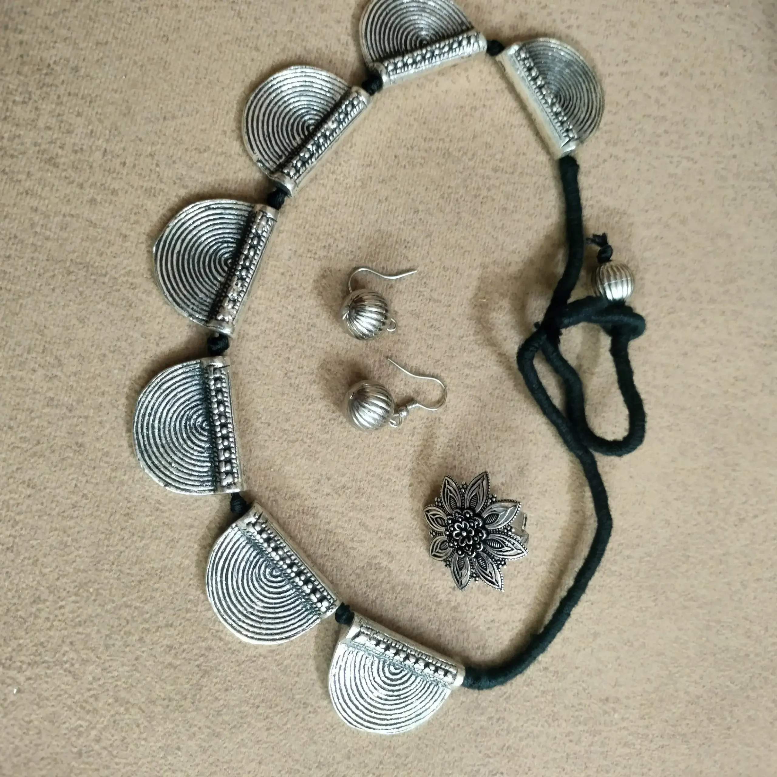 Silver Oxidised Tribal Style Necklace & Ring Set