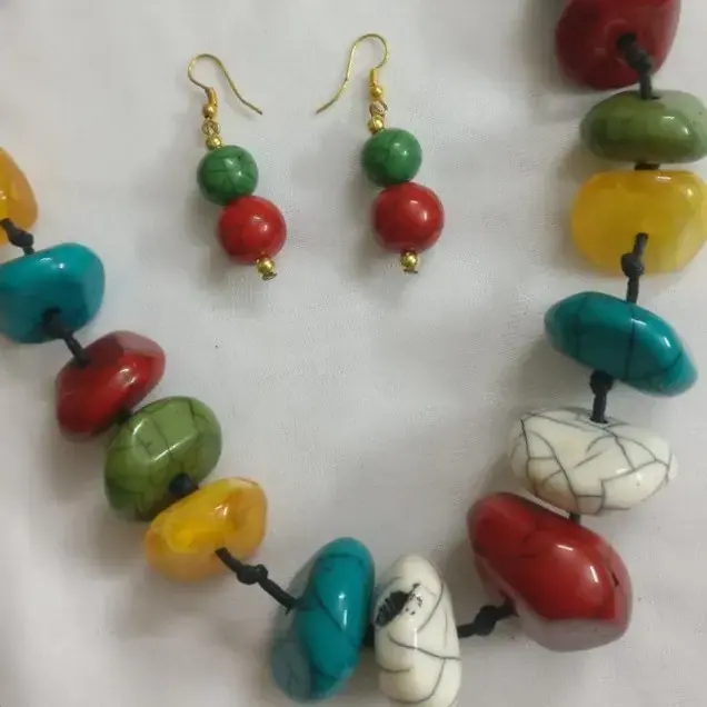 Multicolored Tribal Beads Necklace Set With Multicolored Bangle