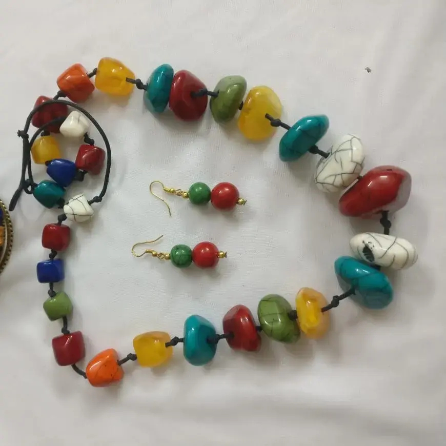 Multicolored Tribal Beads Necklace Set With Multicolored Bangle