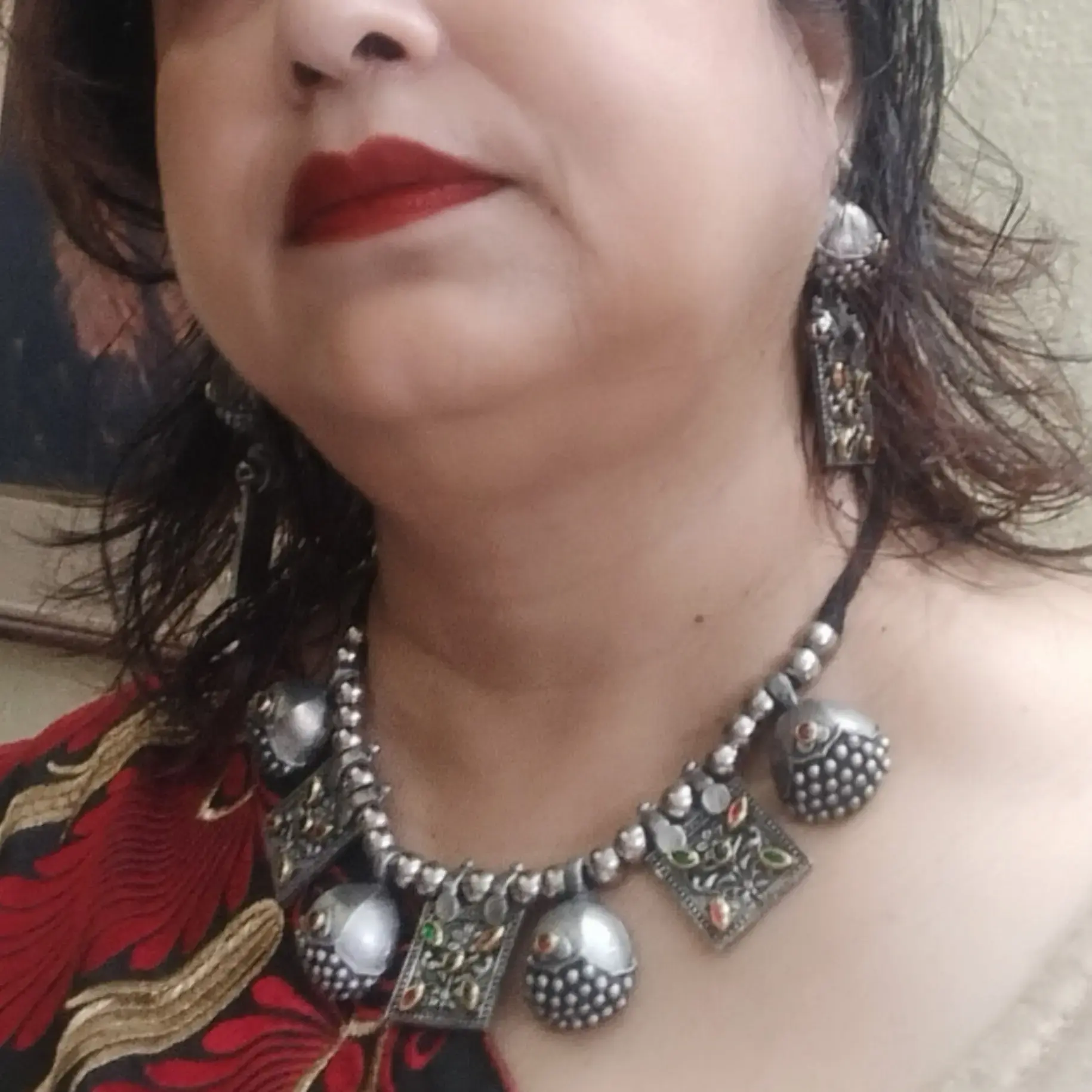 Black Oxidised Tribal Style Stoned Necklace With Earrings