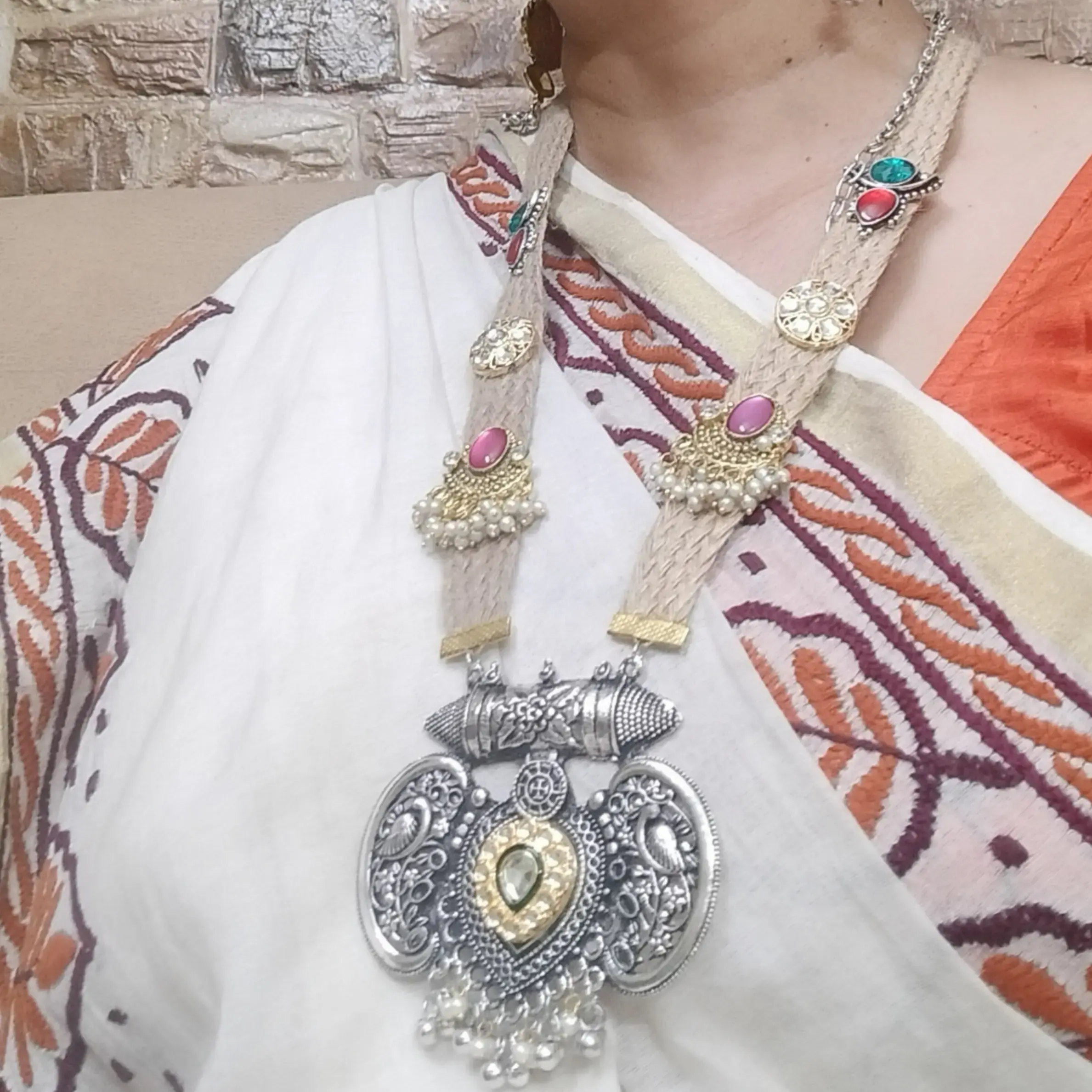 Silverstone Oxidised Jute Tussel Long Necklace Set