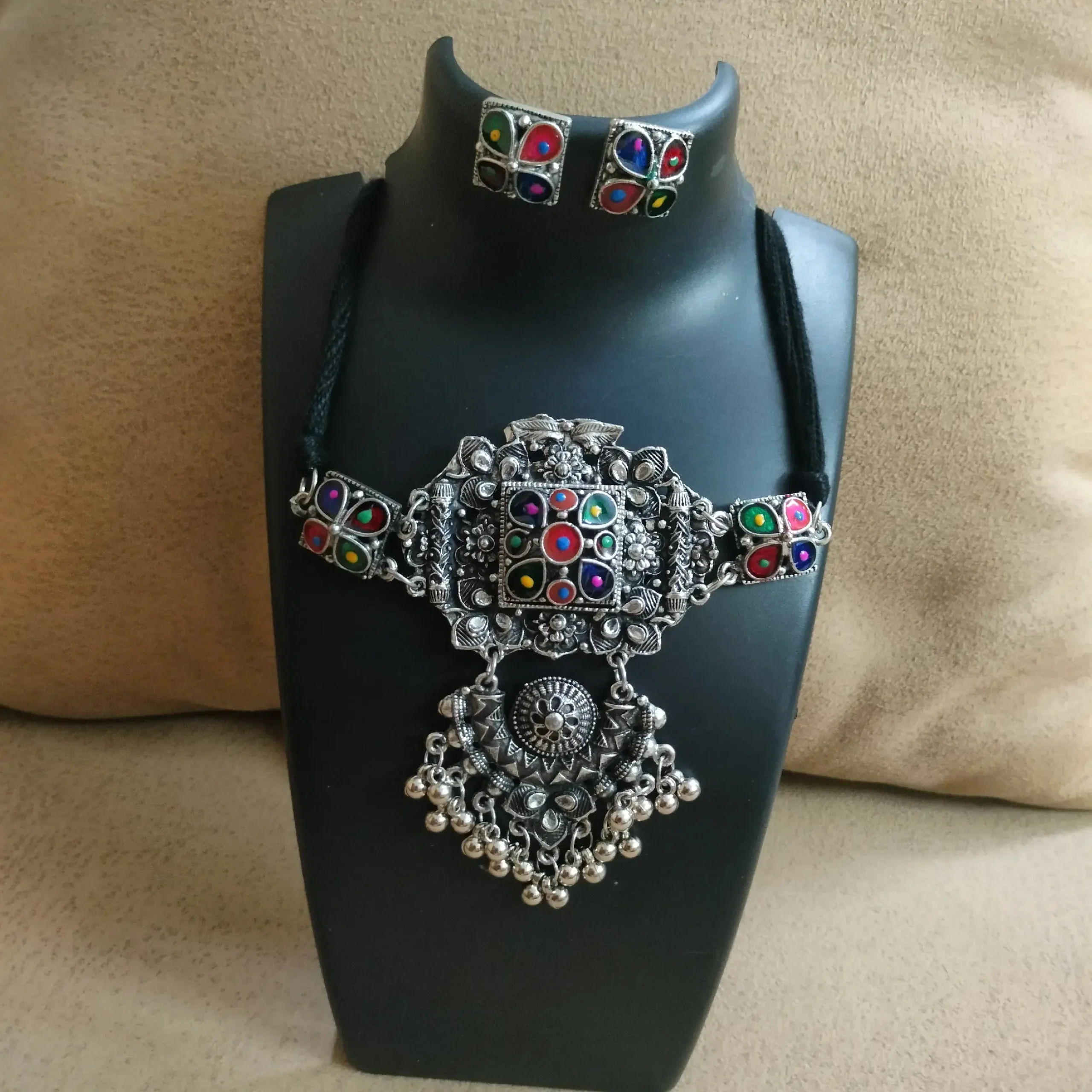 Silver Oxidised Minakari Choker With Earrings,Bangle & Ring Set