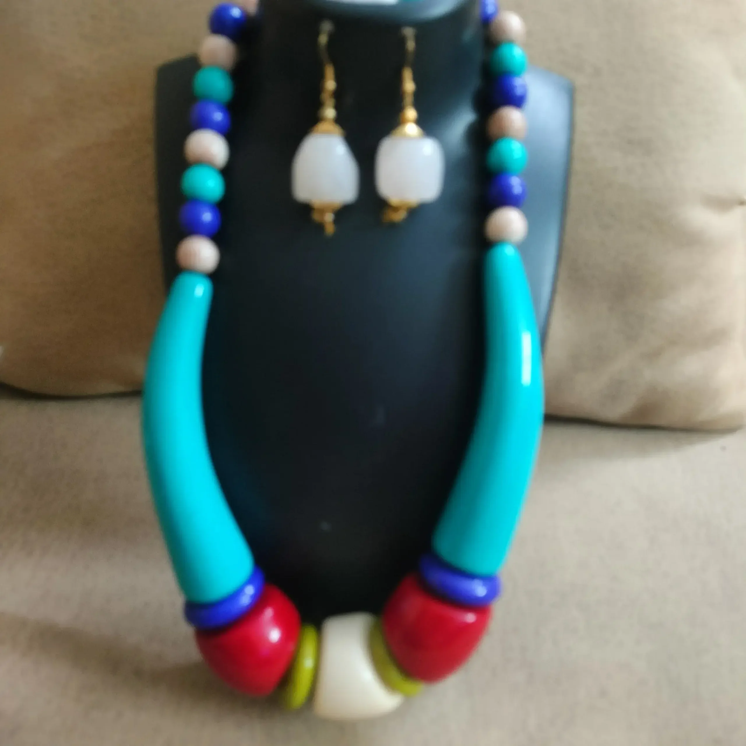 Multicolored Tribal Style Beads Choker With Earrings & Bangles Set