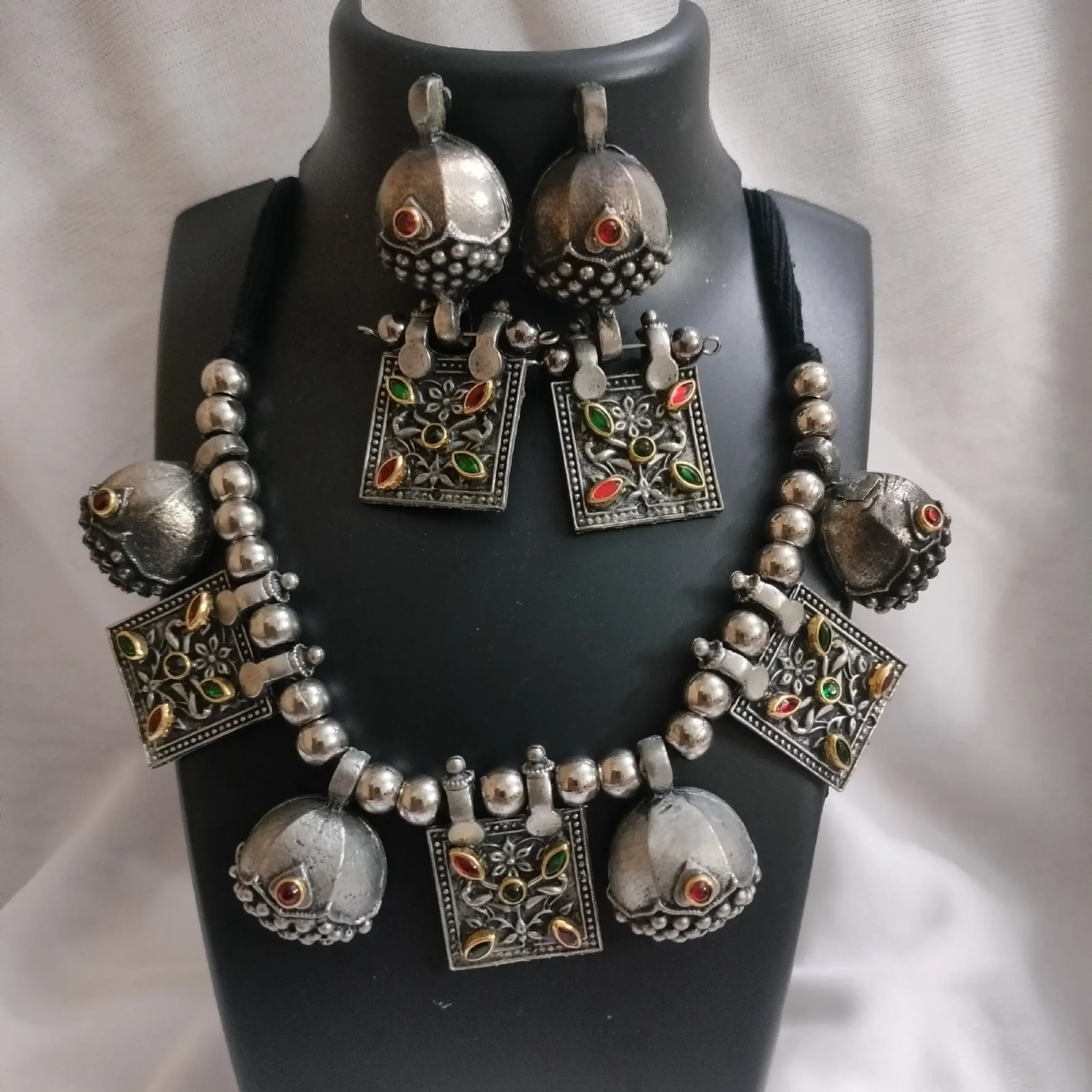 Black Oxidised Tribal Style Stoned Necklace With Earrings