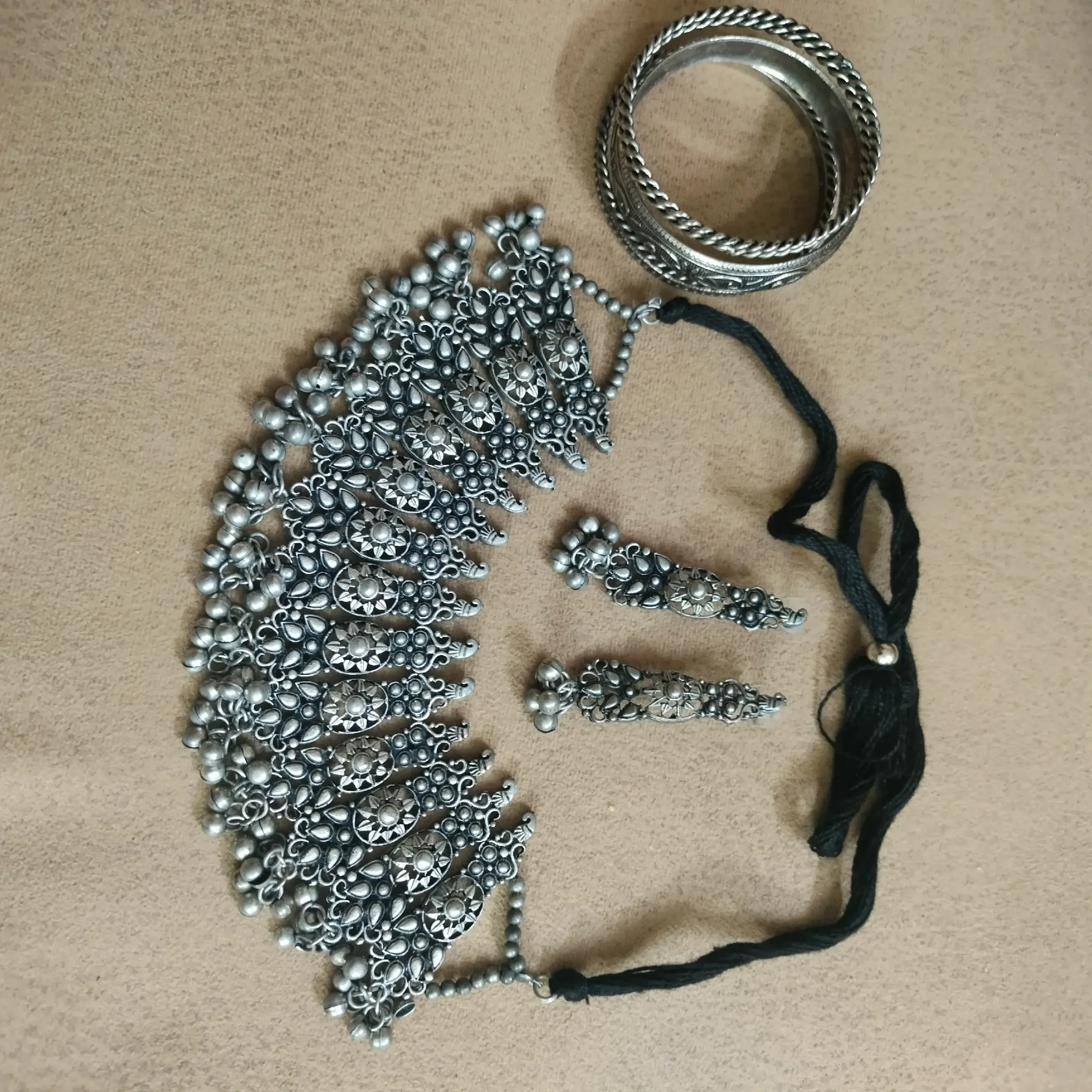 Silver Oxidised Tribal Style Chocker With Earrings, Ring & Bangles