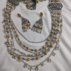 Golden Touched Silver Traditional Necklace With Earrings