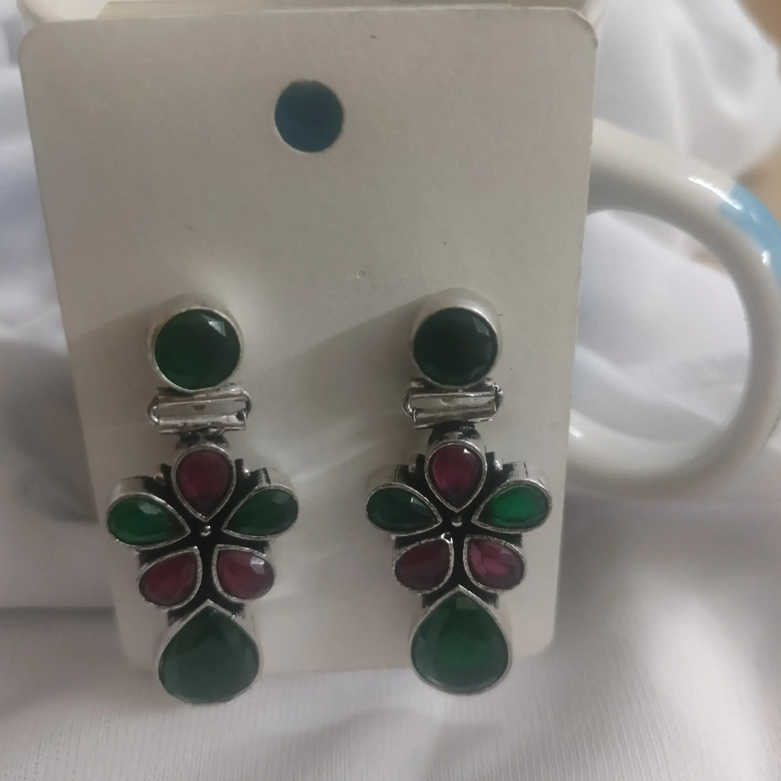 Silver Oxidised Multicolored Floral Earrings