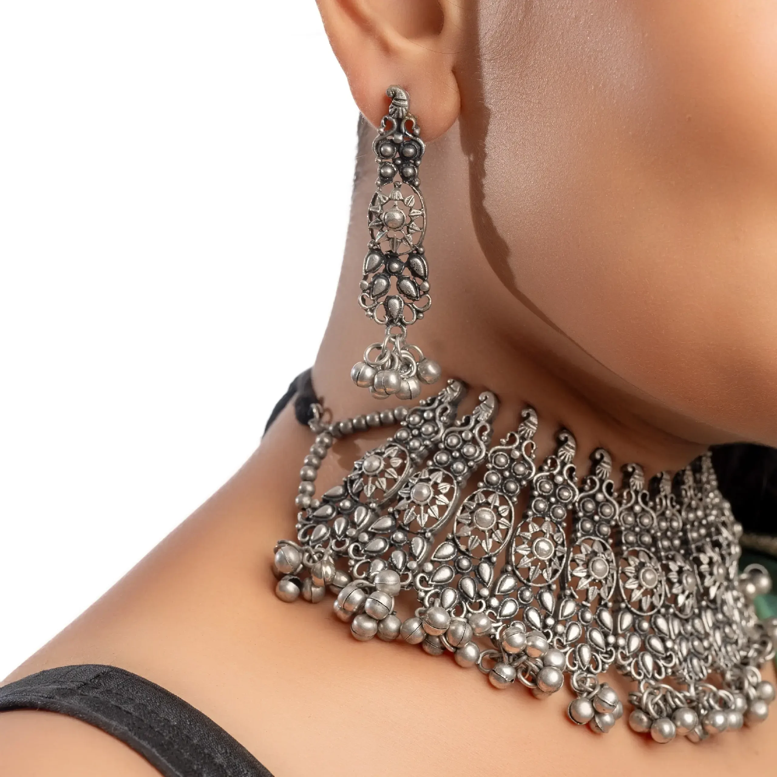 Silver Oxidised Tribal Style Chocker With Earrings, Ring & Bangles