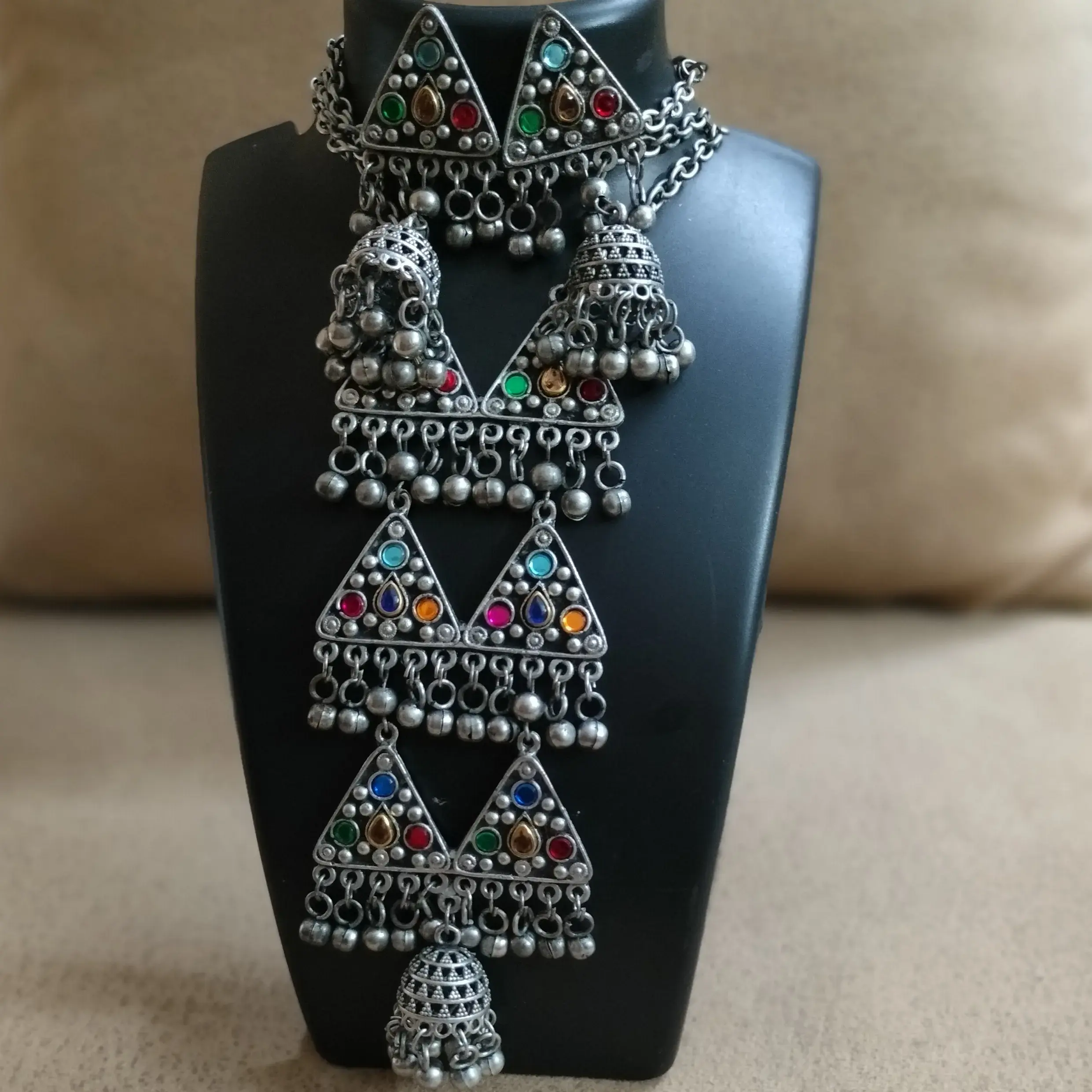 Silver Oxidised Multicolored Stoned Long Necklace With Earrings