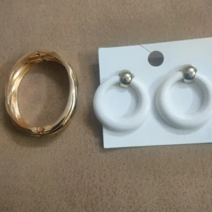 Golden Touched White Earrings With Golden Bangle