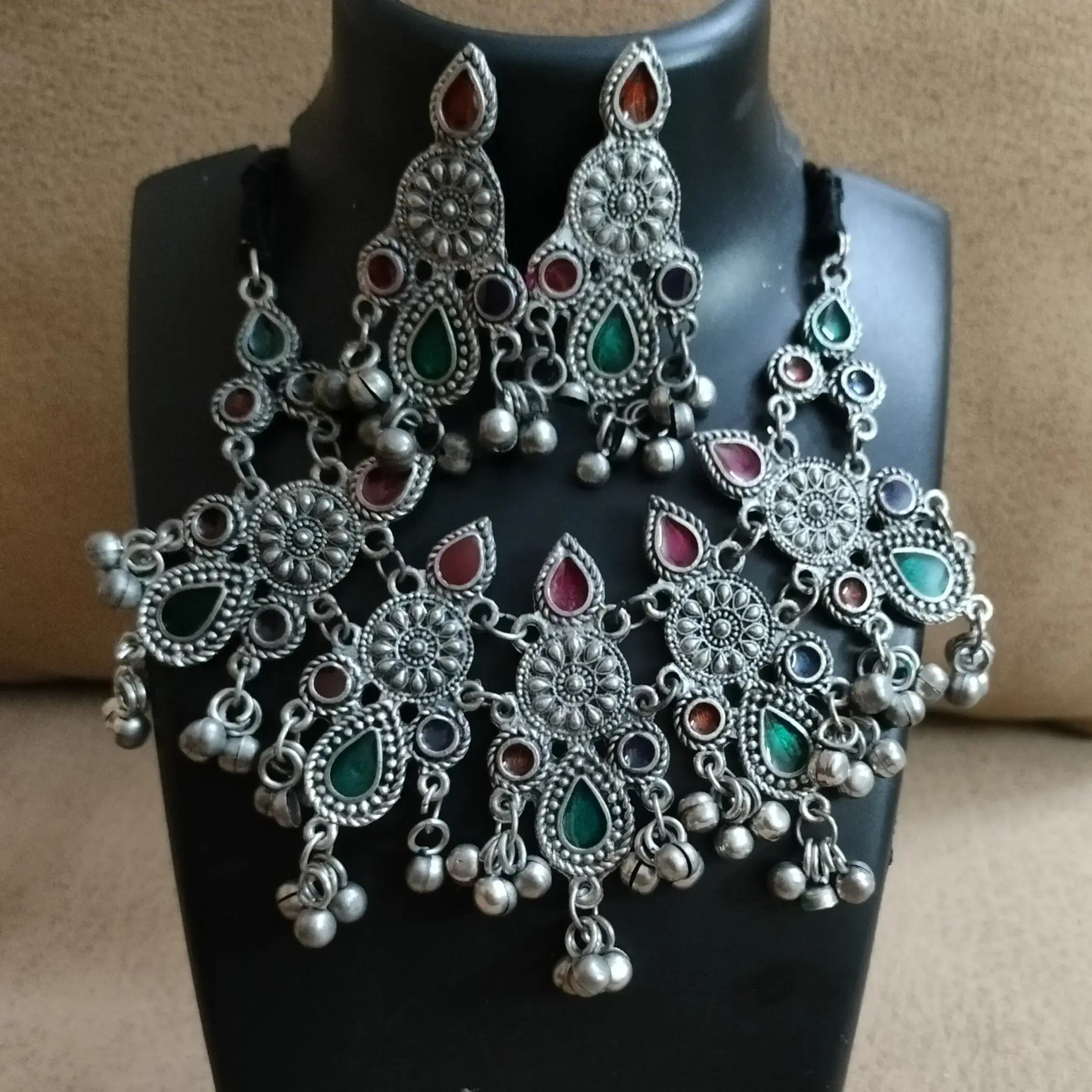 Silver Oxidised Multi Stoned Choker Set