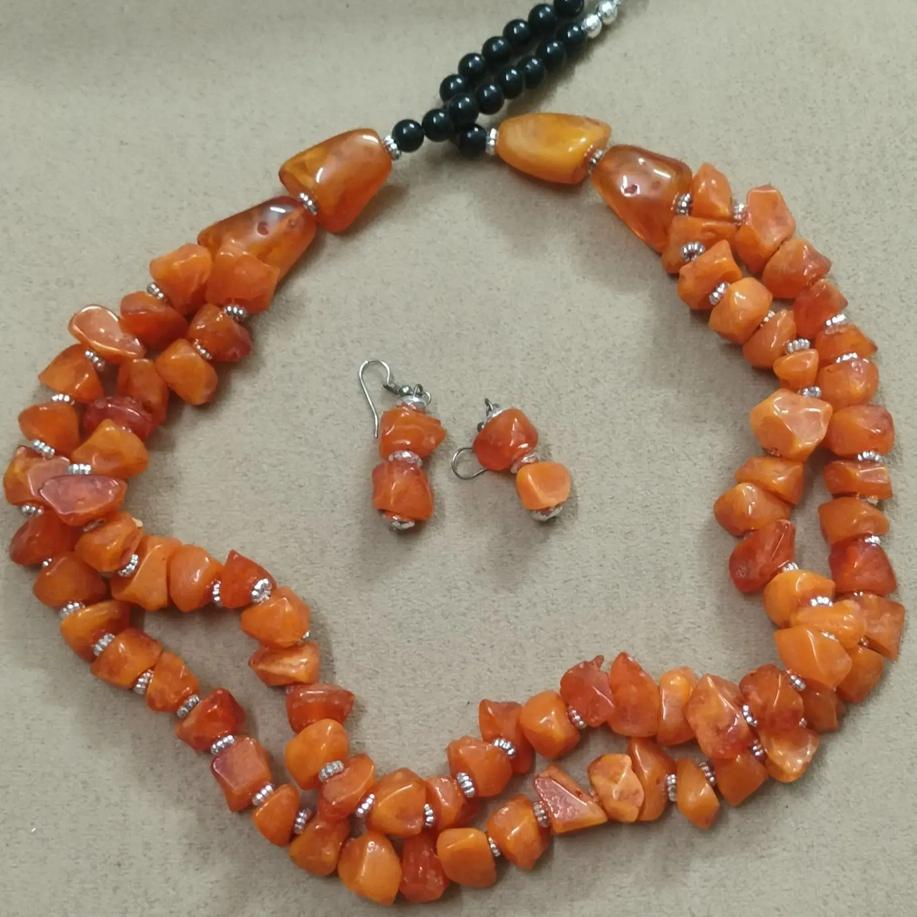 Orange Crystal With Black Beads Trendy Necklace Set