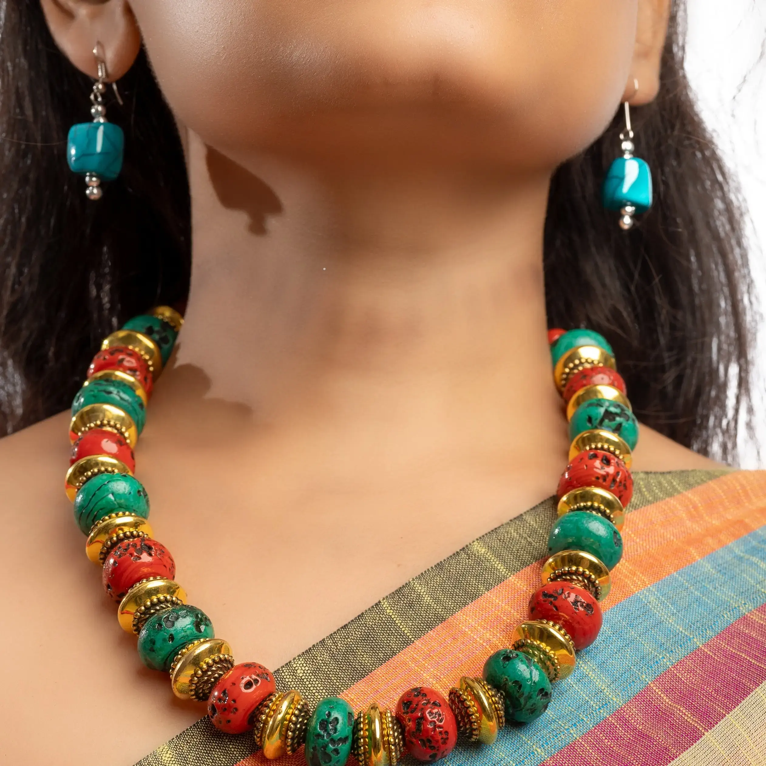 Multicolored Studded Beads Necklace With Earrings