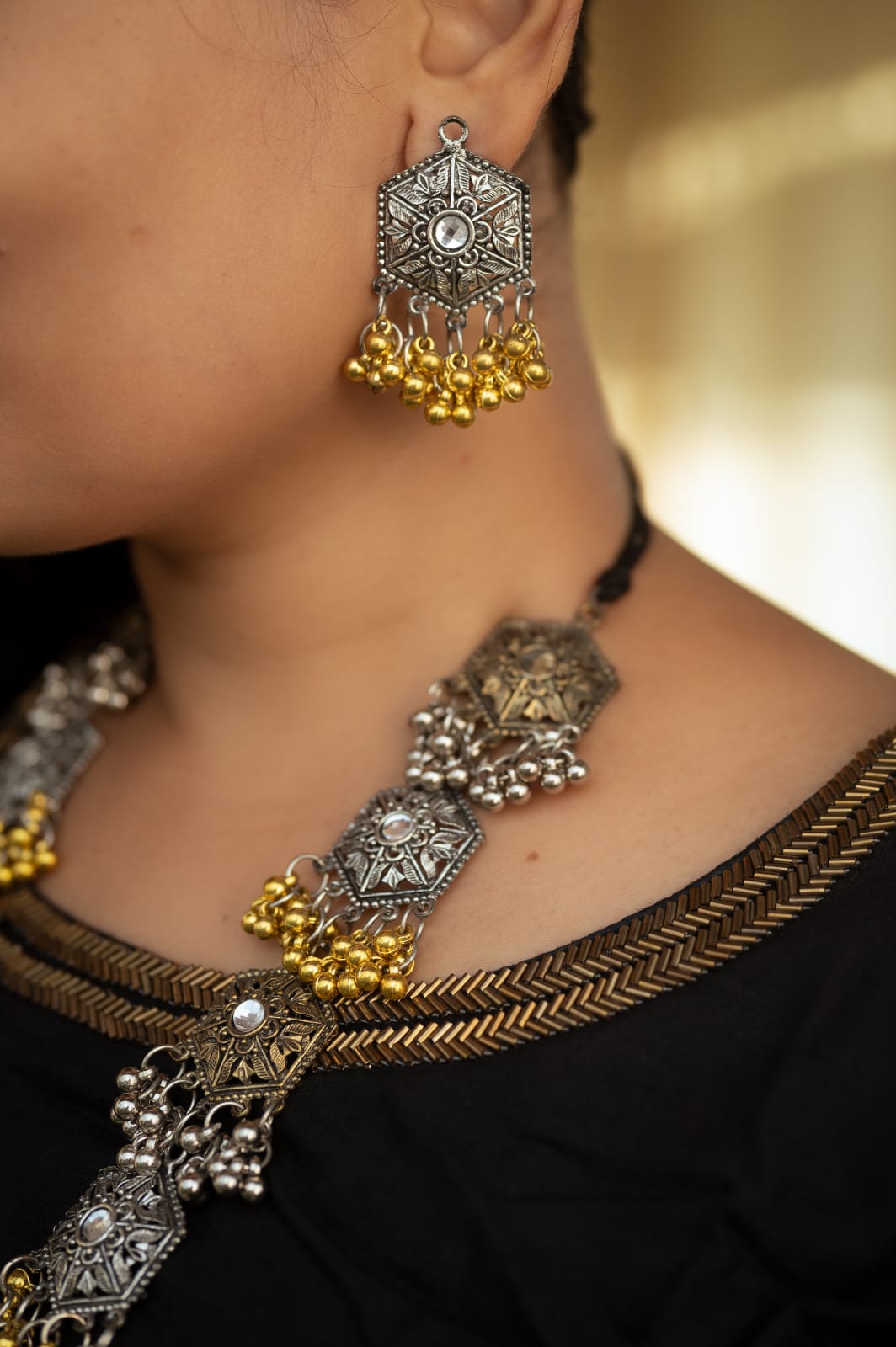 Long oxidized necklace set